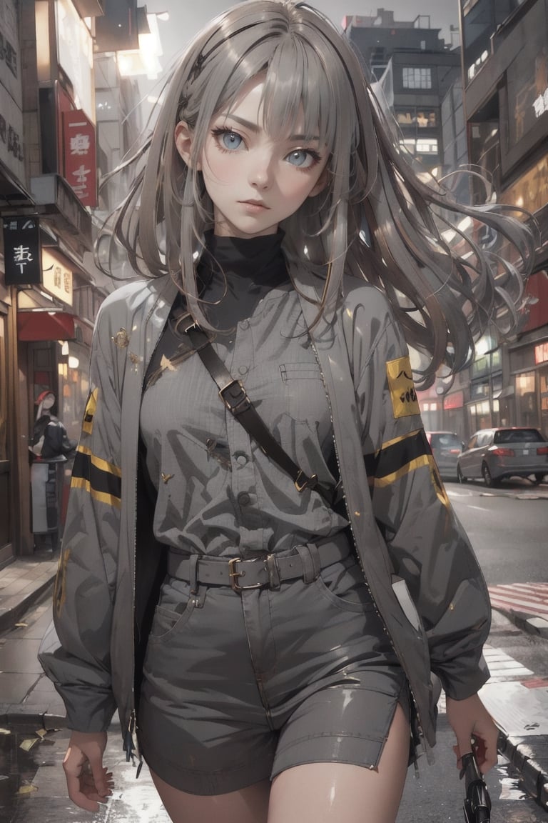 atmospheric scene, masterpiece, best quality, (detailed face, detailed skin texture), (cinematic light: 1.1), High detailed, Color magic, 1female, (full body), long hair, black hair, (grey highlight: 1.7), (yellow eyes), slit pupil, pretty eyes, starry eyes, hoshimachi suisei, jacket, ASU1