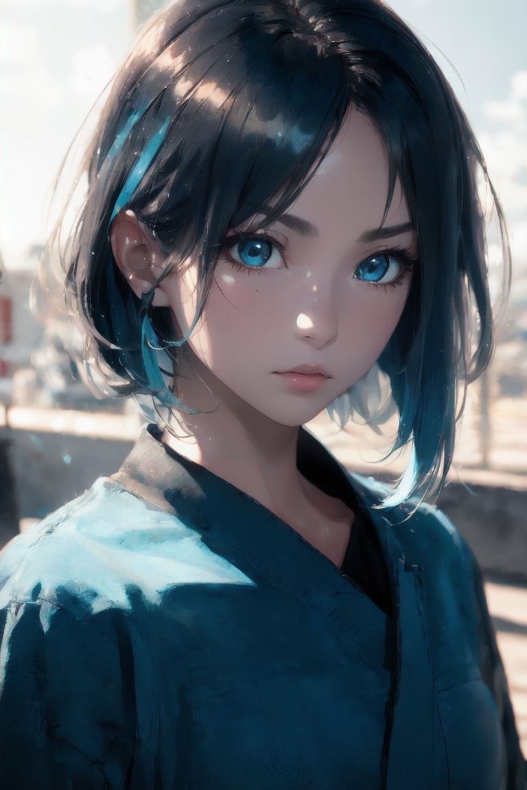 atmospheric scene, masterpiece, best quality, (detailed face, detailed skin texture), (cinematic light: 1.1), High detailed, Color magic, 1female, black hair, (blue highlight: 1.7), short hair, wolfcut, blue eyes, pretty eyes, hoshimachi suisei,
