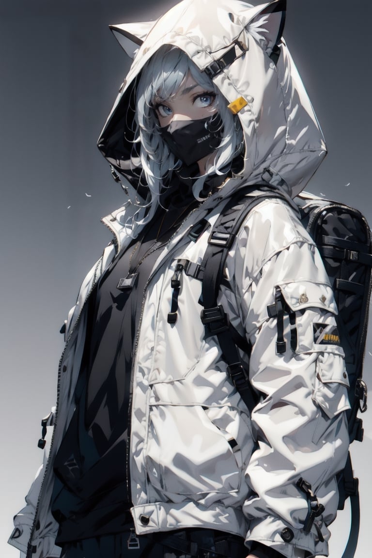 atmospheric scene, masterpiece, best quality, (detailed face, detailed skin texture), (cinematic light: 1.1), High detailed, Color magic, 1female, long hair, white hair, blue eyes, SuiseiSchool, white jacket, hood up, ((cat hood)), (open jacket), 
holster, handgun, hornet, black mask, necklace, backpack, urban techwear, simple_background, plain background,