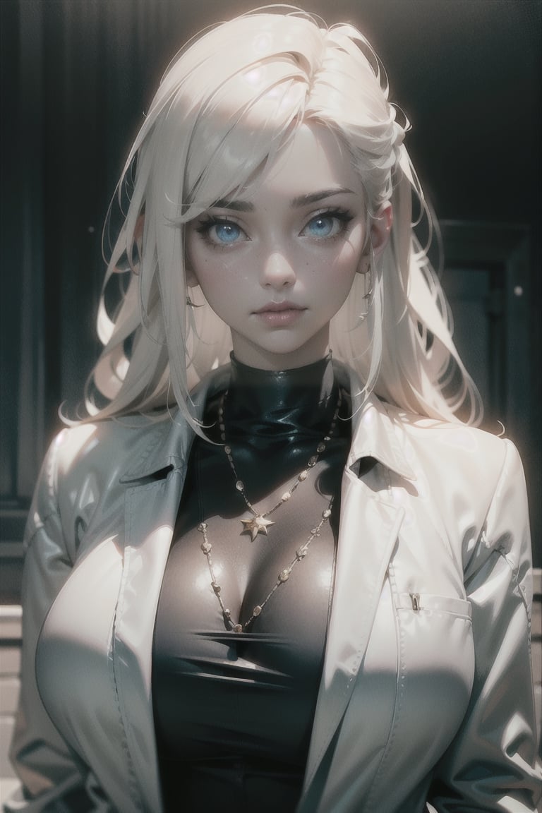 atmospheric scene, masterpiece, best quality, (detailed face, detailed skin texture), (cinematic light: 1.1), High detailed, Color magic, 1female, long hair, white hair, blue eyes, white jacket, open jacket, necklace, simple_background,