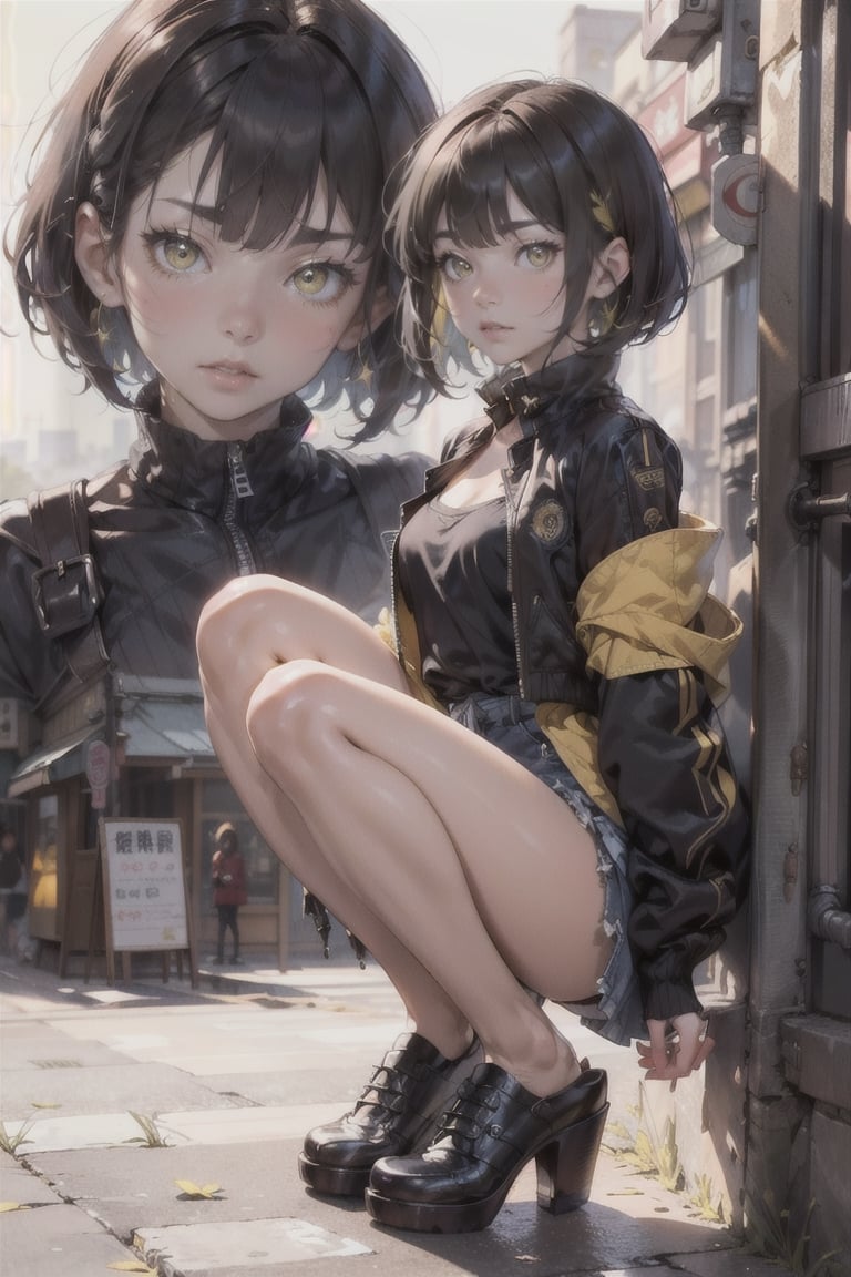 atmospheric scene, masterpiece, best quality, (detailed face, detailed skin texture), (cinematic light: 1.1), High detailed, Color magic, 1female, (full body), (short hair, wolfcut), black hair, (yellow highlight: 1.5), yellow eyes, slit pupil, pretty eyes, starry eyes, hoshimachi suisei, jacket, ASU1