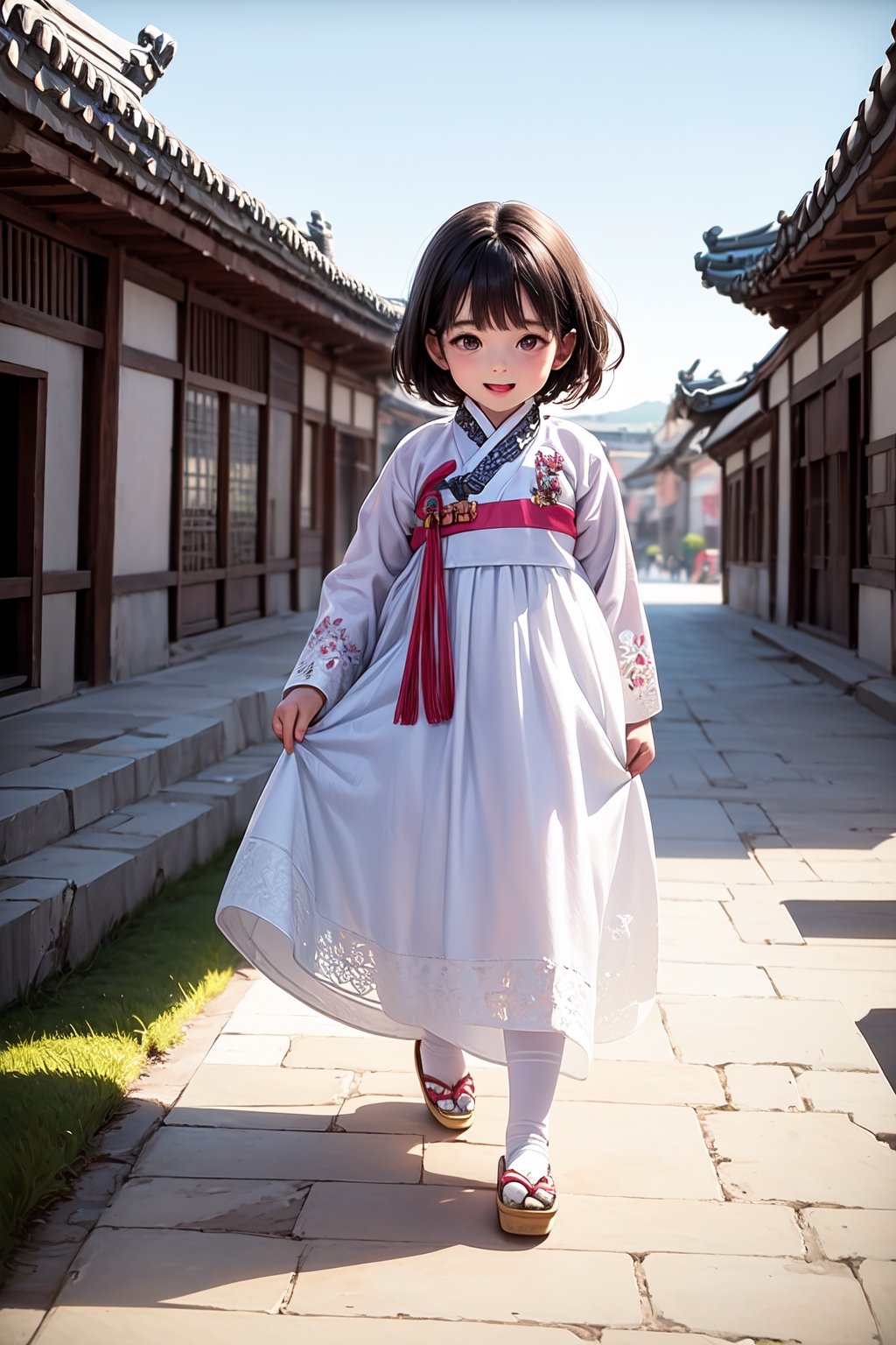 best quality, masterpiece, beautiful and aesthetic, vibrant color, Exquisite details and textures,  Warm tone, ultra realistic illustration,	(cute European girl, 6year old:1.5),	(ancient korea theme:1.4),	cute eyes, big eyes,	(a beautiful smile:1.1),	16K, (HDR:1.4), high contrast, bokeh:1.2, lens flare,	siena natural ratio, children's body, anime style, 	head to toe,	long Straight black hair with blunt bangs,	a white and pink hanbok, ultra hd, realistic, vivid colors, highly detailed, UHD drawing, perfect composition, beautiful detailed intricate insanely detailed octane render trending on artstation, 8k artistic photography, photorealistic concept art, soft natural volumetric cinematic perfect light. ,hanbok