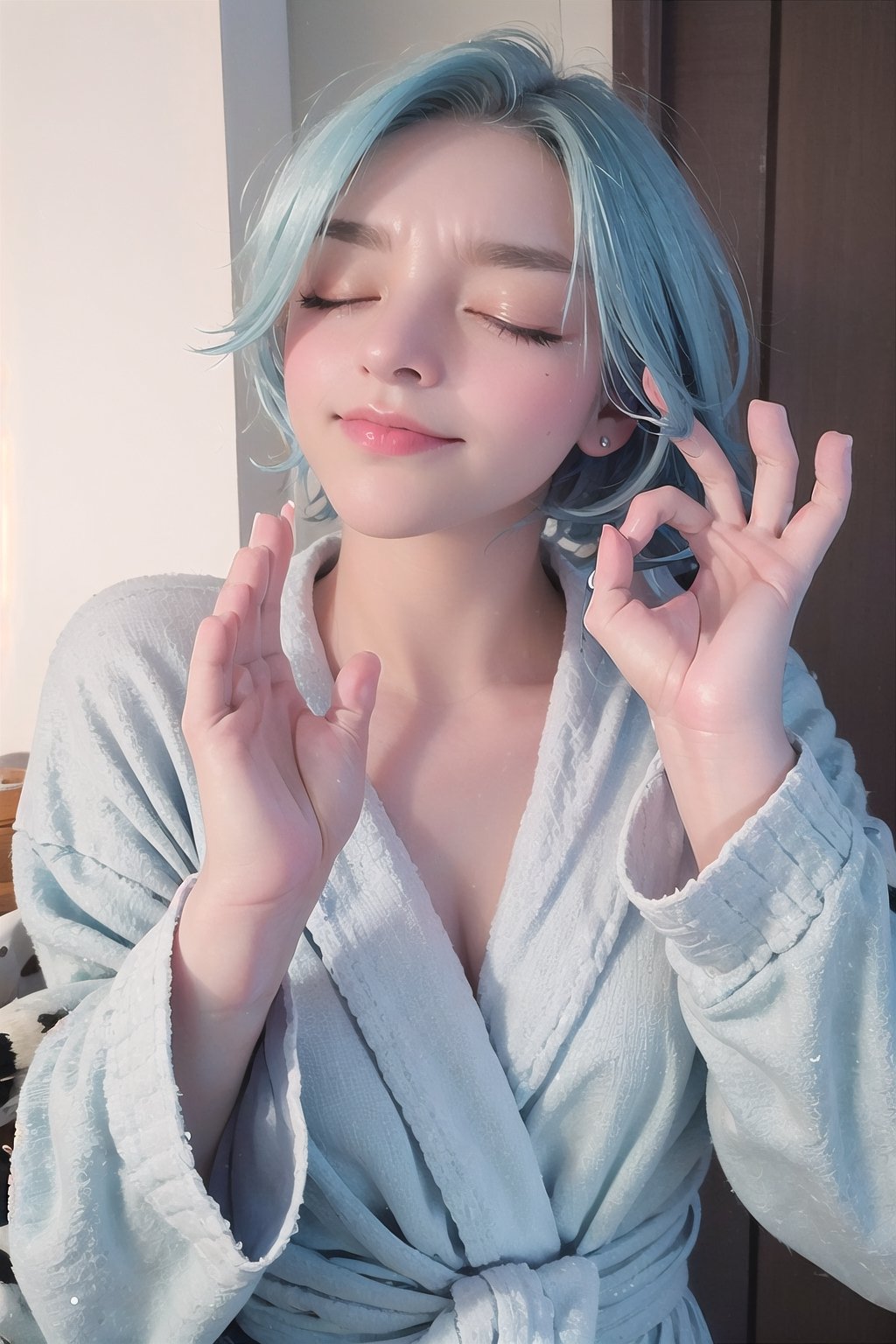 Highly detailed, High Quality, Masterpiece, beautiful, 1girl, solo, closed eyes, short blue hair, leopard pattern bathrobe, PachaMeme