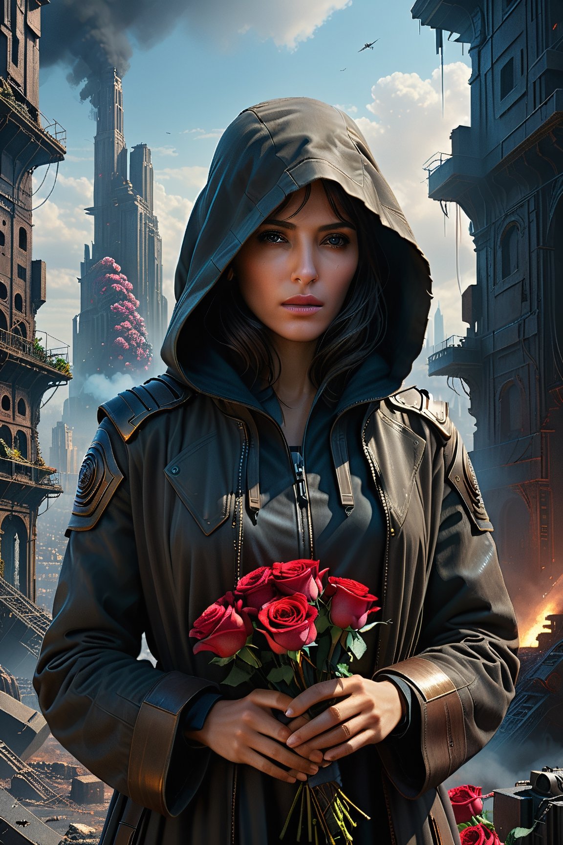 (masterpiece, cinematic hyperrealism:1.3), this awe-inspiring artwork presents a post-apocalyptic cityscape in panoramic detail. The scene features a mysterious dark hooded figure holding a bouquet of roses, overlooking the sprawling city ruins. Inspired by George Lucas' cinematic vision, the artist captures a moment of contemplation and beauty amidst the desolation, cinematic, 4k, epic Steven Spielberg movie still, sharp focus, emitting diodes, smoke, artillery, sparks, racks, system unit, motherboard, by pascal blanche rutkowski repin artstation hyperrealism painting concept art of detailed character design matte painting, 4 k resolution blade runner
,more detail XL, 