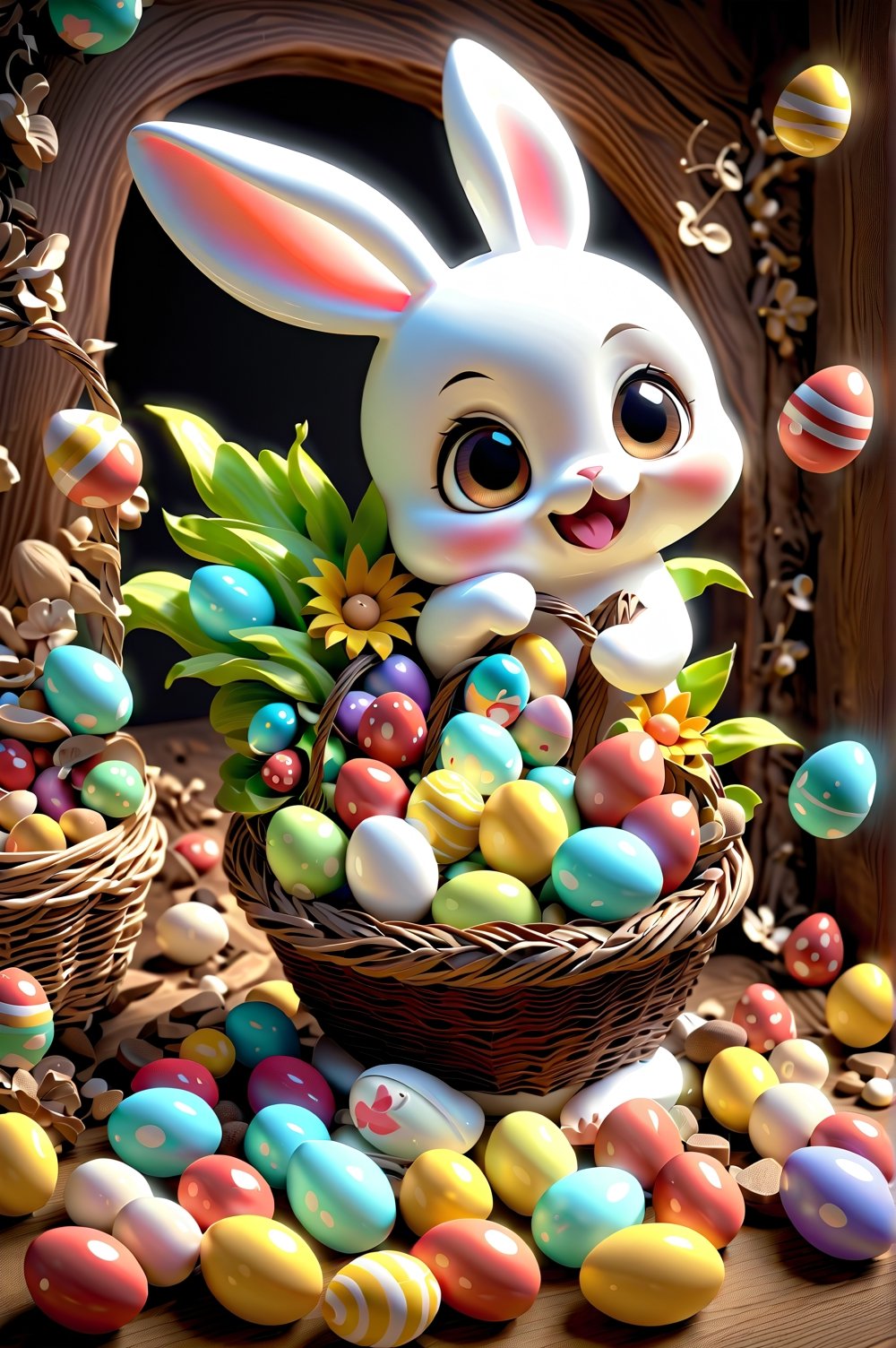 Chibi bunny with an easter basket with chocolates, gifts and sweets, easter environment, photorealistic, cute, hdr, shaded, lens, focus on the bunny, lighting, hyperdetailed, filigree, big round eyes detailed, detailed, Jean Baptiste Monk, Carol Buck, Tyler Edlin, Perfect Composition, Beautifully Detailed, Trending on Artstation, 8K Fine Art Photography, Photorealistic Conceptual Art, Volumetric Cinematic Perfect Light, Natural Brightness and Contrast, Chiaroscuro, Award-Winning Photography, Masterpieces, Digital Art, rafael , caravaggio, greg rutkowski, belle, bexinski, giger, children's fairy tale style, bright and vivid colors without saturation.