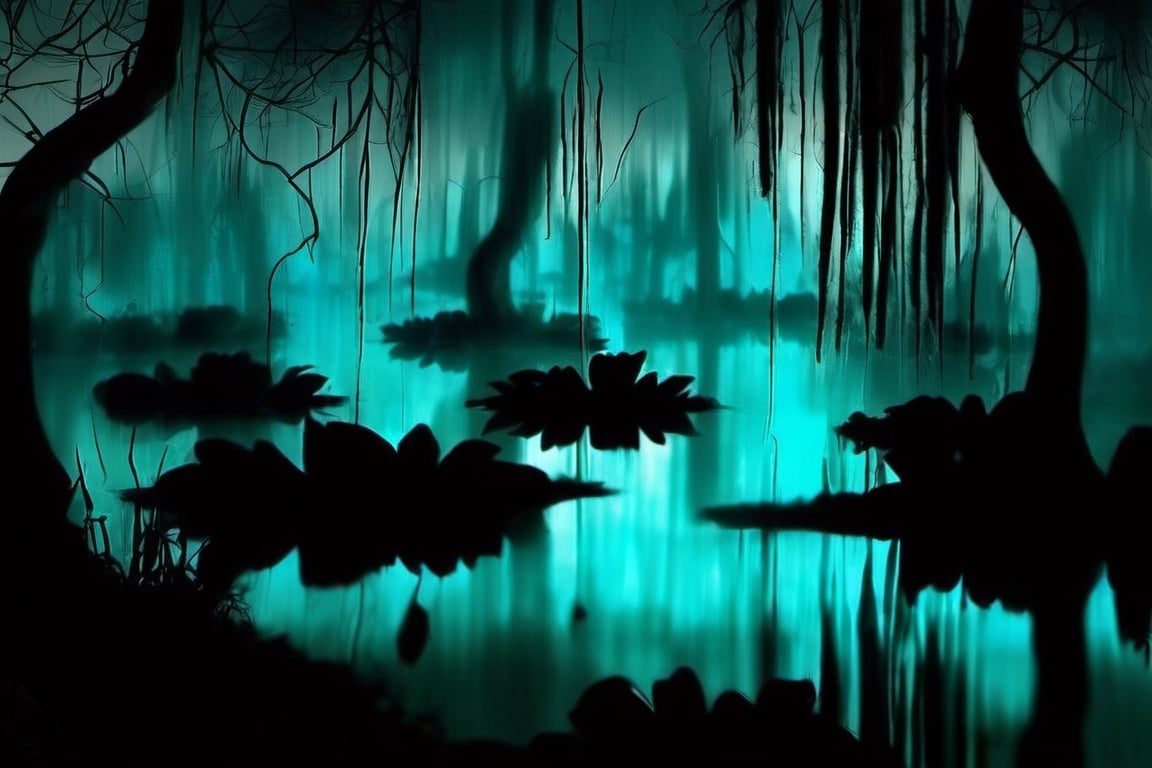 late evening in a misty Swamp with black Lotus flowers floating in the water, slight bioluminescence to the petals,DonMn1ghtm4reXL