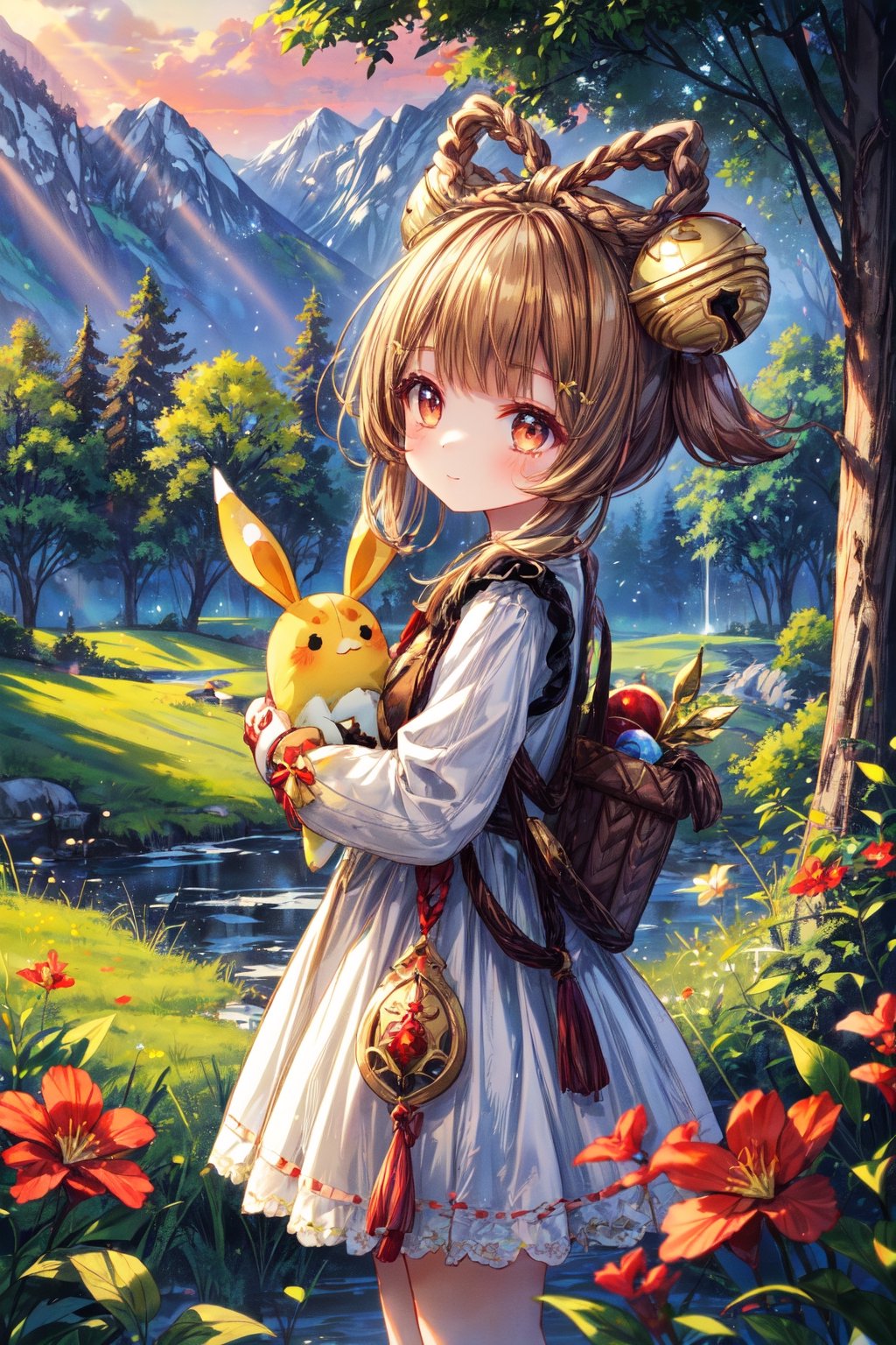 yaoyaornd, loli, best quality, ultra detailed, :), In the soft glow of dusk, yaoyao stands in the midst of a serene and enchanting landscape. Her diminutive figure stands out in contrast to the vastness of the surrounding environment. With a radiant expression on her face, she holds aloft a doll with joy, her eyes shining with innocence and excitement. All around her, the soft golden rays of the sun tinge the landscape with warm tones, illuminating her surroundings with a magical and tranquil atmosphere. The landscape is adorned with wildflowers and tall trees that sway gently in the breeze creating a scene of pure bliss and connection with nature.,masterpiece,