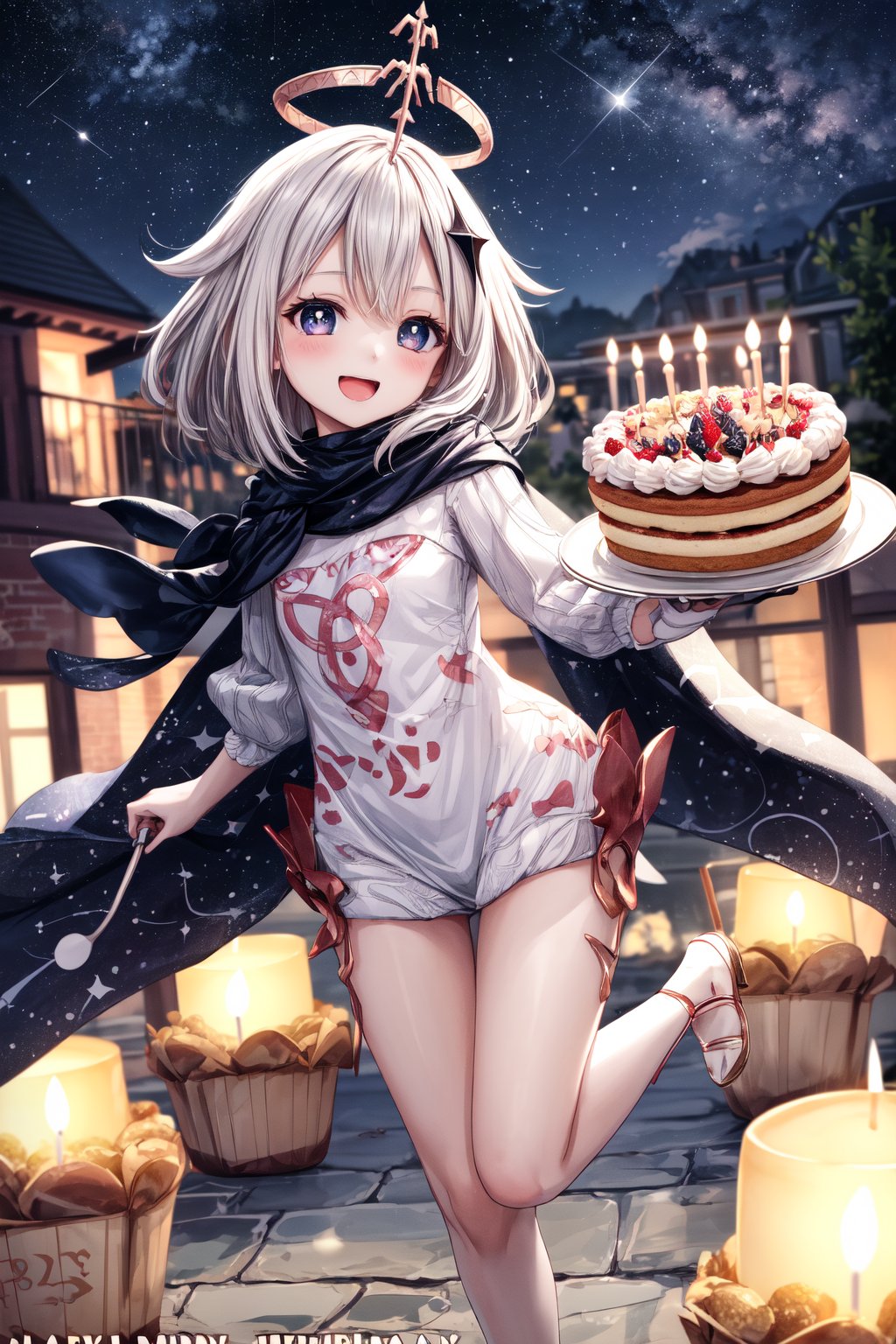 loli, full_body, small_body , ultra-detailed, masterpiece, happy birthday, masterpiece, floating in the air with an expression of pure joy on her face. The scene takes place on a starry night outdoors, where a surprise birthday party is taking place in her honor. Paimon gazes in awe and surprise at the brightly decorated cake in front of her, with flickering candles illuminating her petite figure. Her excitement is palpable in her big bright eyes and radiant smile, paimondef, fairy, floating the air, night, high detailed, high_resolution, crown,best quality