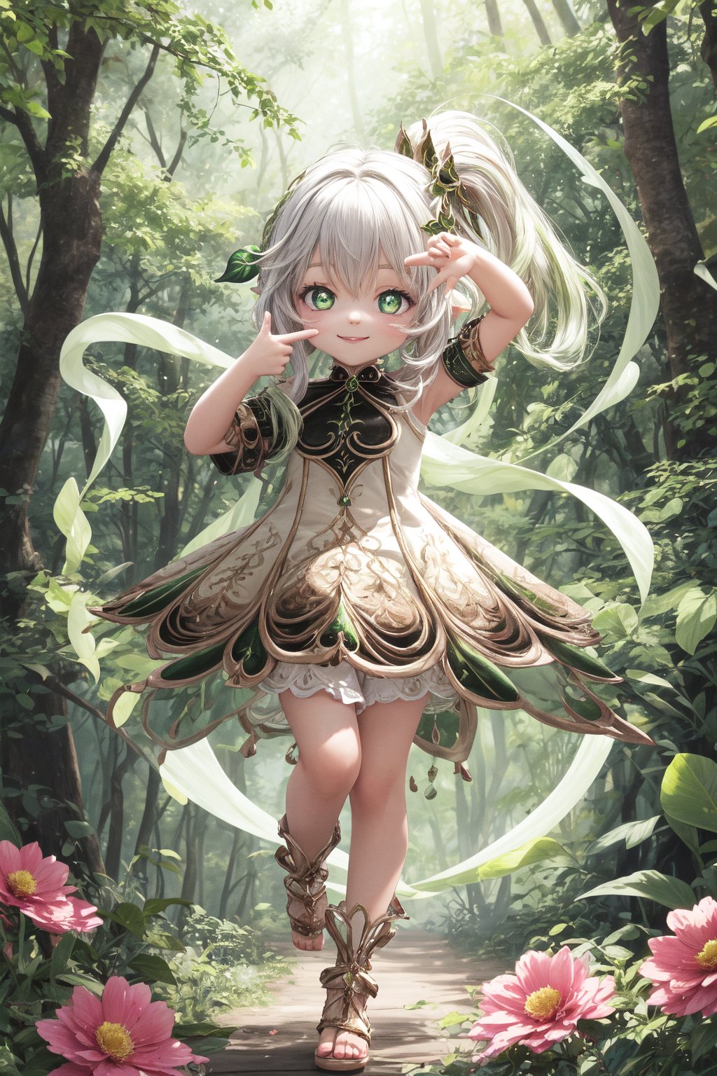 full_body, ultra-detailed, masterpiece, loli, floating the air, :), high detailed, high_resolution, best quality, nahidarnd, ;), finger frame, incredibly absurdres, forest, flowers, trees, light filtering, elemental magic dendro, green magic