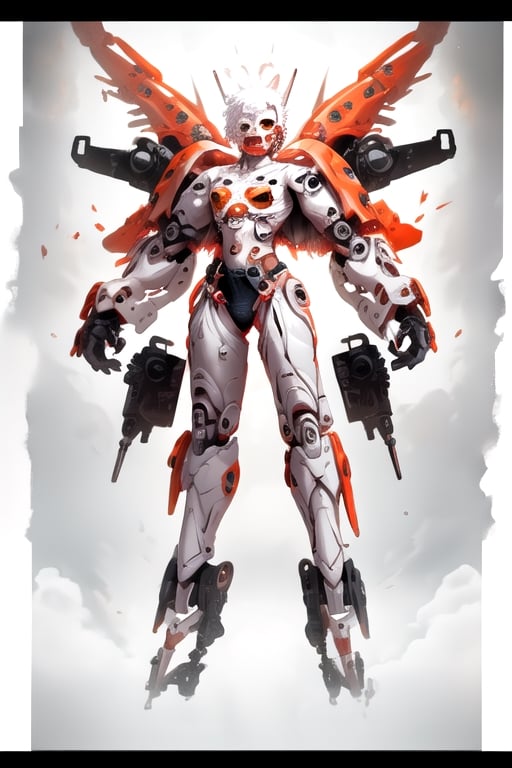 1 girl,  short, photorealistic,super Wide hips, tiny waist, Hips,Tiny tits, small breasts,Petite,Wide hips,bright orange Mecha,((faceplate)),Hips,photorealistic, giant rail gun, bright,Mecha,Angel