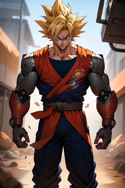 Cyborg goku, Goku part robot, super Saiyan 3, extra long blonde sport hair, no eyebrows, intricate machinery, masterpiece, maxres, best art, best quality,