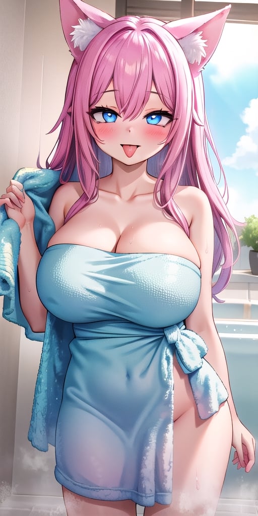 1girl,pink hair ,fairy ears,two sides up,blue eyes long hair,best_quality,animal ears ,highres,looking at viewer, extremely_detailed,perfect detailed, 8k, masterpiece,manicia,,l  ,cowboy shot,,sensual face ,,smile,blush,
huge breast,detail eyes,standing ahegao,tongue,in towel,towel,Wrap in bath towel