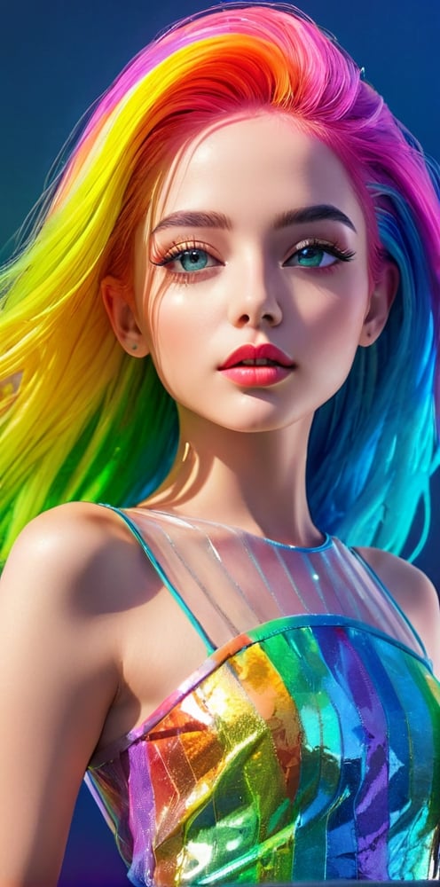 (best quality, realistic, hd photo:1.2, half body shot:1.2), 
BREAK 
young beatiful sexy woman,
(very small breast), (slim figure), 
lip, 
beautiful detailed eyes, 
beautiful detailed lips, 
extremely detailed eyes and face, 
long eyelashes, 
strong expressions, 
soft touch, 
expressive sexy poses, 
((( modern tight transparent rainbow dress ))), 
neon hair, 
3D rendering, artistic brushstrokes, clean lines, 
vibrant colors, contrast, highlights, 
shadows, blue gradient background, 
texture, chic style, dynamic composition, 
interesting angle, textured crop, fashionable, 
cool vibes