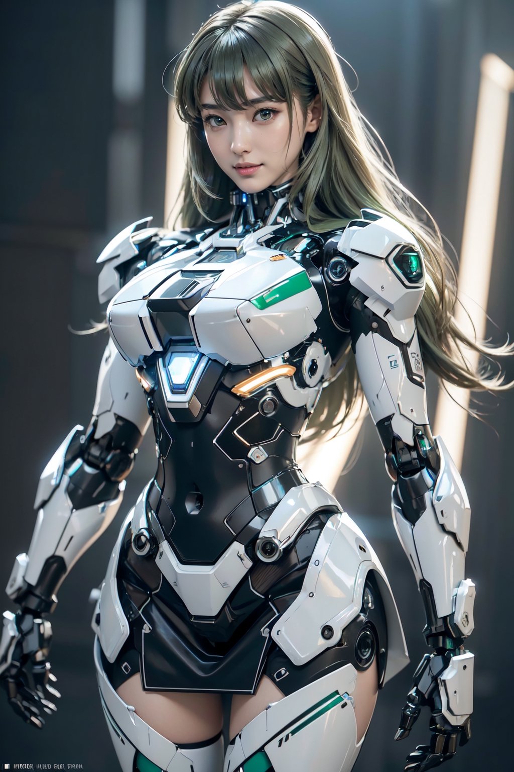 RAW picture, Best picture quality, high resolution, 8k, realistic, sharp focus, realistic image of elegant lady, Korean beauty, supermodel, incredibly absurdres) break. (radiant Glow), (sparkling suit) ,break. ((One android girl)), ((curvy boby)), (smiling), break. (green long hair:1.4), ((LED lighting parts on her body:1.2)), break. ((extremely detailed mecha suit with short skirt:1.2)), break. (robotic arms), (robotic legs), (robotic hands), ((robotic joint)), break. ((Cinematic angle)), ultra fine quality, masterpiece, best quality, incredibly absurdres, fhighly detailed, highres, high detail eyes, high detail background, sharp focus, (photon mapping, radiosity, physically-based rendering, automatic white balance), masterpiece, best quality, ((Mecha body)), furure_urban, incredibly absurdres, dress, masterpiece, masterpiece, best quality,Mecha body,Colorful portraits,robot,Mecha