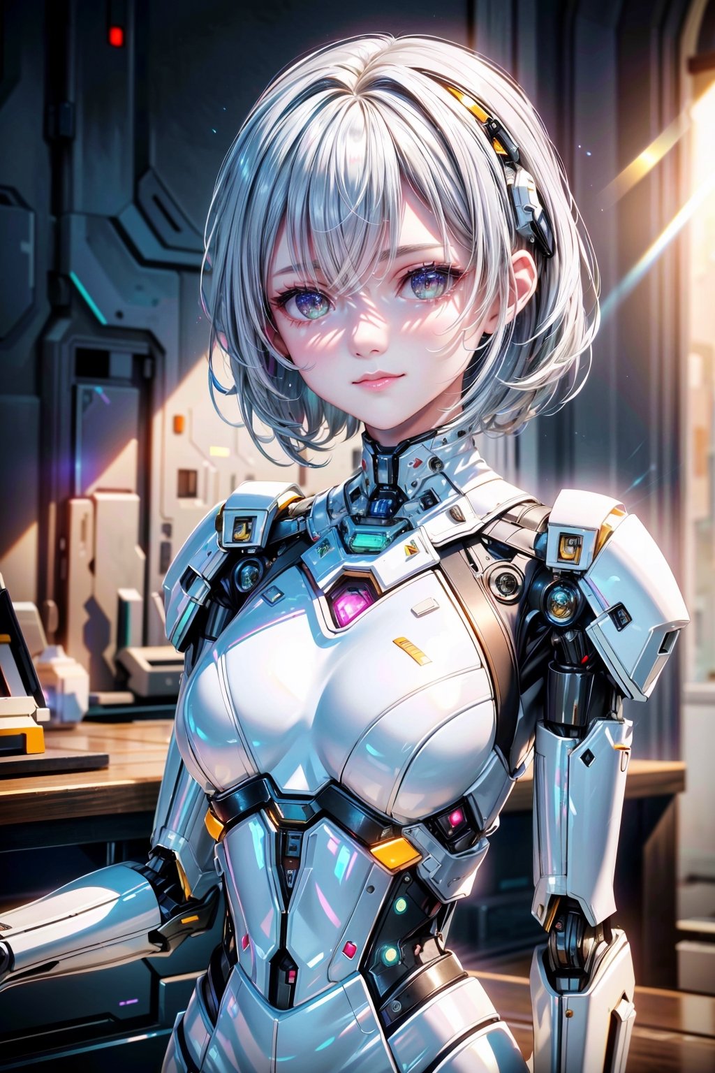 ((high resolution)), ((8K)), ((incredibly absurdres)), break. ((One android girl with happy smile)), break. ((sliver hair:1.5)), ((upper body:1.5)), ((looking at camera:1.2)), break. ((in the cyberstyle city)), ((slender boby)), ((intricate internal structure)), ((brighten parts:1.5)), break. ((extremely detailed mecha suit:1.2)), break. (robotic arms), (robotic legs), (robotic hands), ((robotic joint:1.2)), break. Cinematic angle, ultra fine quality, masterpiece, best quality, incredibly absurdres, fhighly detailed, sharp focus, (photon mapping, radiosity, physically-based rendering, automatic white balance), masterpiece, best quality, Mecha body, furure_urban, incredibly absurdres,masterpiece,best quality,incredibly absurdres