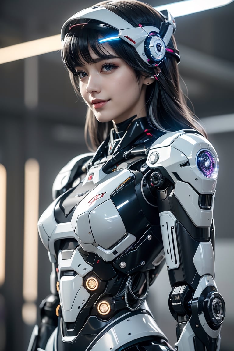 RAW picture, Best picture quality, high resolution, 8k, realistic, sharp focus, realistic image of elegant lady, Korean beauty, supermodel, break. sliver long hair, wearing high-tech cyberpunk style mecha suit with short skirt, wearing head gear with cyberstyle visor, radiant Glow, sparkling suit, mecha, perfectly customized high-tech mecha suit, custom design, break. 1 girl, swordup, looking at viewer, smiling, close-up, break. (LED lighting parts on her body:1.2), (robotic arms), (robotic legs), (robotic hands), ((robotic joint)),robot