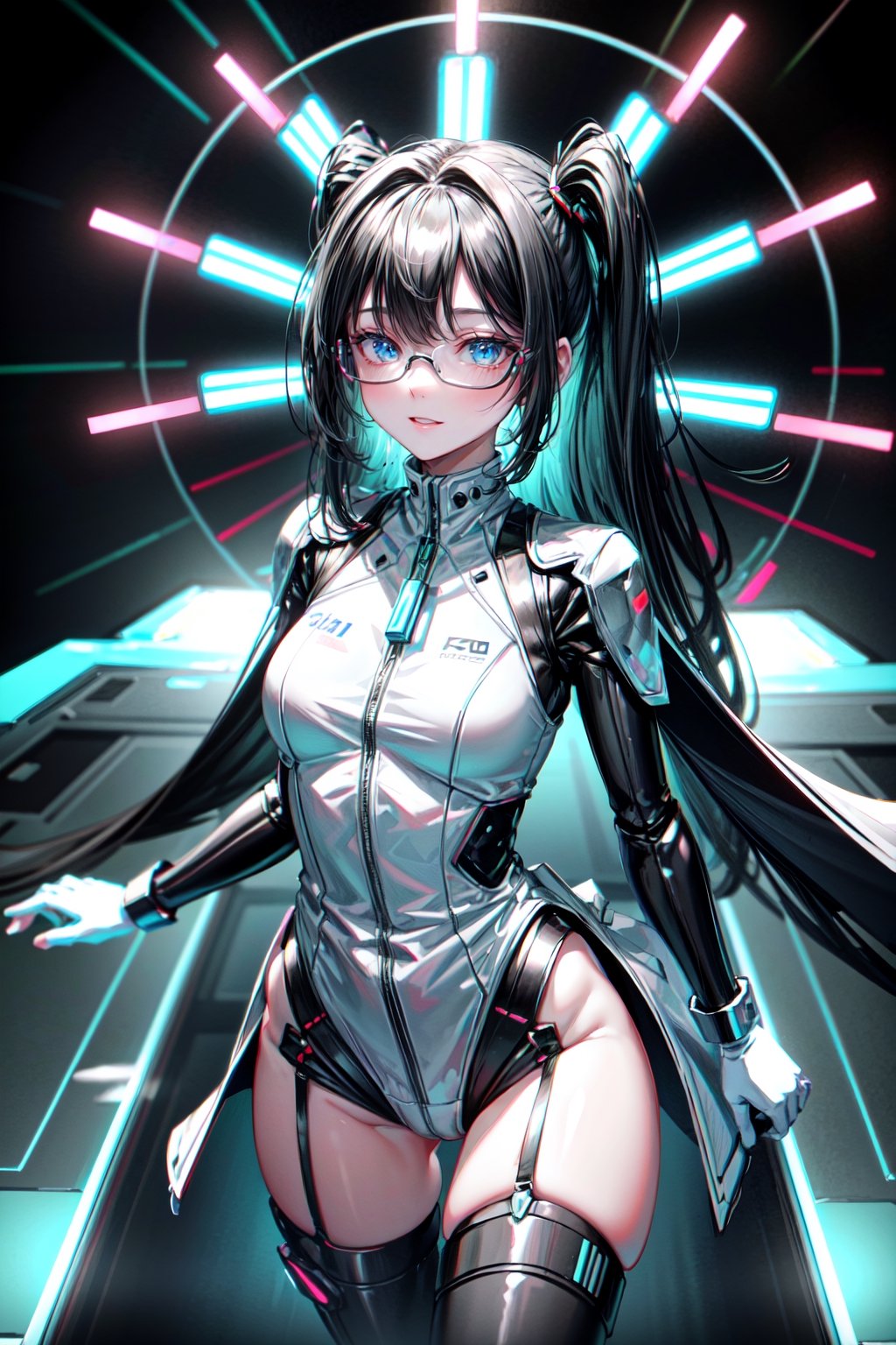 ((high resolution)), ((8K)), ((incredibly absurdres)), break. ((One android girl with happy smile)), break. ((black hair:1.5)), (full body:1.5)), ((looking at camera:1.5)), break. ((in the cyberstyle city)), ((slender boby)), ((intricate internal structure)), ((brighten parts:1.5)), break. ((robotic arms)), ((robotic legs)), ((robotic hands)), ((robotic joint:1.2)), break.  //Fashions 
Virtual Reality Diva, BREAK. Virtual Reality Bodysuit, Go for a sleek bodysuit with virtual reality-inspired patterns to create a futuristic and high-tech appearance, BREAK. Futuristic Platform Sneakers, Complete the look with platform sneakers featuring holographic details, combining style with a touch of edginess, BREAK. Augmented Reality Glasses, Accentuate the outfit with augmented reality glasses, elevating the cyber idol aesthetic, Digital Microphone Prop, Carry a digital microphone prop with LED lights to enhance the virtual performance vibe, break.Cinematic angle, ultra fine quality, masterpiece, best quality, incredibly absurdres, fhighly detailed, sharp focus, (photon mapping, radiosity, physically-based rendering, automatic white balance), masterpiece, best quality, ((Mecha body)), furure_urban, incredibly absurdres,Mecha body