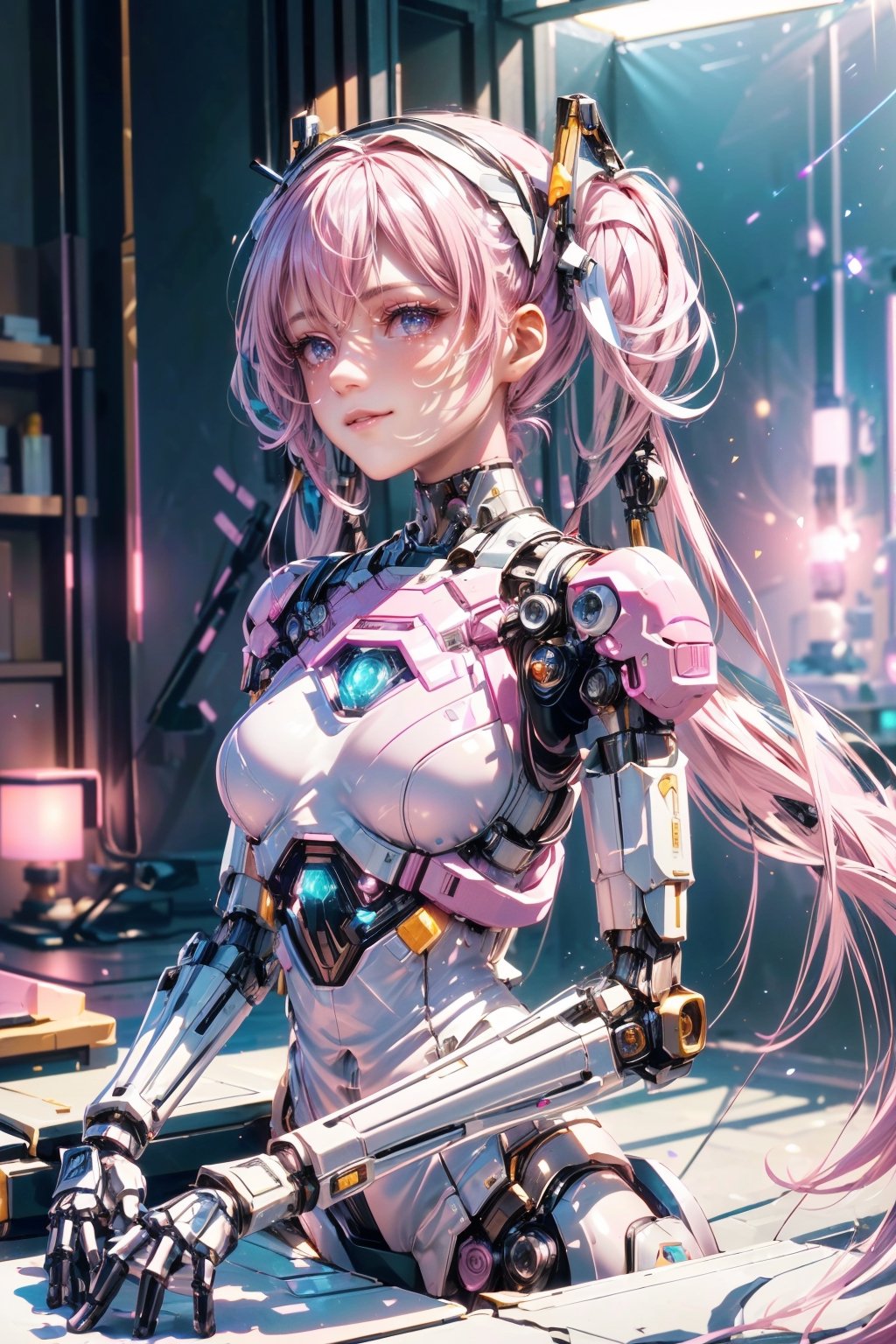 ((high resolution)), ((UHD)), ((incredibly absurdres)), break. ((One android girl with happy smile)), break. ((pink twintail hair:1.5)), ((upper body:1.5), ((looking at camera:1.2)), break. ((in the cyberstyle city)), ((slender boby)), ((intricate internal structure)), ((brighten parts:1.5)), break. ((extremely detailed mecha suit:1.2)), break. (robotic arms), (robotic legs), (robotic hands), ((robotic joint:1.3)), break. Cinematic angle, ultra fine quality, masterpiece, best quality, incredibly absurdres, fhighly detailed, sharp focus, (photon mapping, radiosity, physically-based rendering, automatic white balance), masterpiece, best quality, Mecha body, furure_urban, incredibly absurdres
