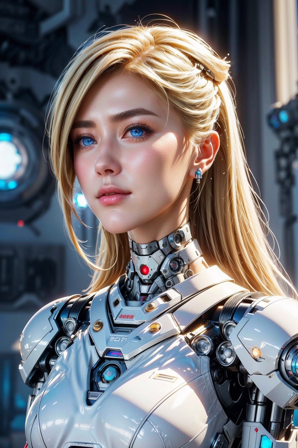 ((high resolution)), ((8K)), ((incredibly absurdres)), break. ((One android girl with archaic smile)), ((face close-up:1.5)), ((blonde hair:1.4)), break. ((in the cyberstyle city)), ((slender boby)), ((intricate internal structure)), ((brighten parts:1.3)), break. ((Her body is painted by chrome and light colors)), ((blue eyes:1.3)), break. ((robotic arms)), ((robotic legs)), ((robotic hands)), ((robotic joint:1.5)), break. Cinematic angle, ultra fine quality, masterpiece, best quality, incredibly absurdres, highly detailed, sharp focus, (photon mapping, radiosity, physically-based rendering, automatic white balance), masterpiece, best quality, Mecha body, furure_urban, incredibly absurdres, modelshoot style,Exquisite face