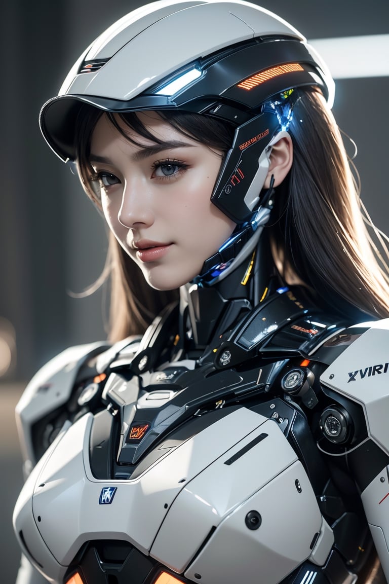 RAW picture, Best picture quality, high resolution, 8k, realistic, sharp focus, realistic image of elegant lady, Korean beauty, supermodel, break. sliver long hair, wearing high-tech cyberpunk style mecha suit, wearing head gear with cyberstyle visor, radiant Glow, sparkling suit, mecha, perfectly customized high-tech mecha suit, custom design, break. 1 girl, swordup, looking at viewer, smiling, (close-up:1.2), break. (LED lighting parts on her body:1.2), (robotic arms), (robotic legs), (robotic hands), ((robotic joint)),robot