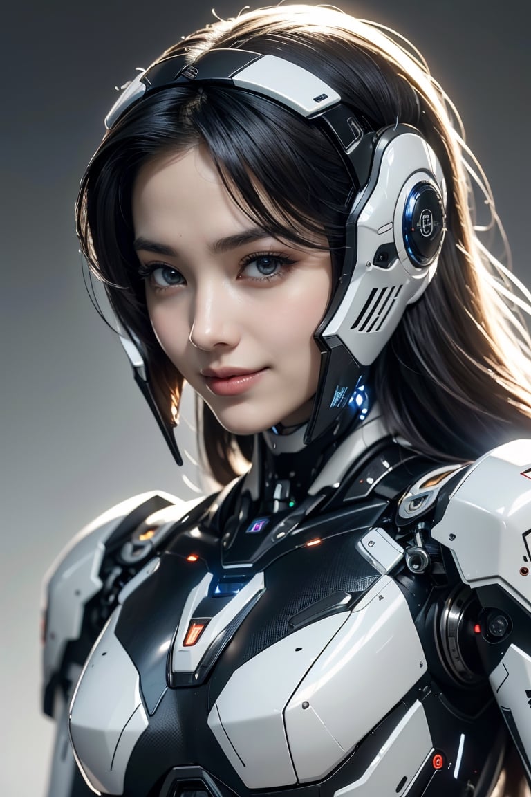 RAW picture, Best picture quality, high resolution, 8k, realistic, sharp focus, realistic image of elegant lady, Korean beauty, supermodel, break. sliver long hair, wearing high-tech cyberpunk style mecha suit, wearing head gear with cyberstyle visor, radiant Glow, sparkling suit, mecha, perfectly customized high-tech mecha suit, custom design, break. 1 girl, swordup, looking at viewer, smiling, (close-up:1.2), break. (LED lighting parts on her body:1.2), (robotic arms), (robotic legs), (robotic hands), ((robotic joint)),robot