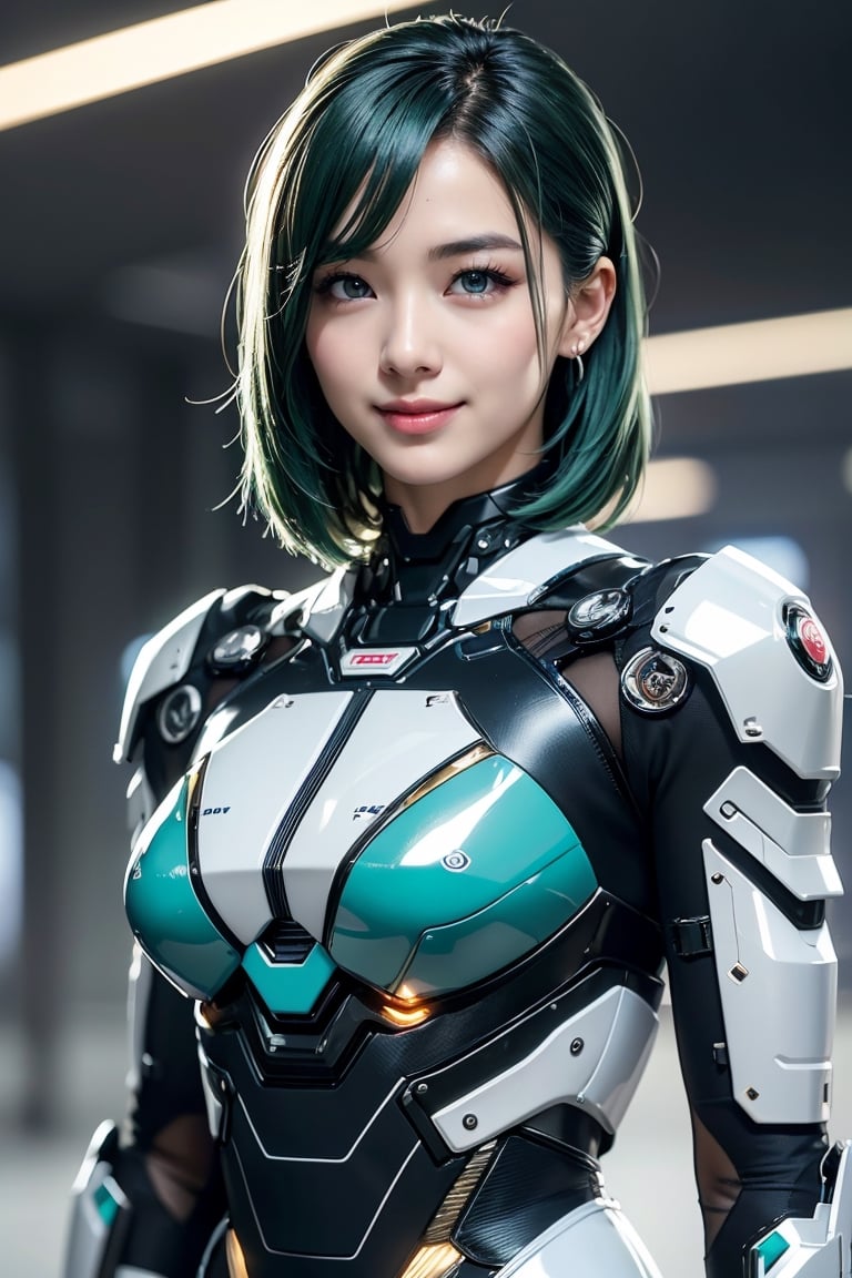 Best picture quality, high resolution, 8k, realistic, sharp focus, realistic image of elegant lady, Korean beauty, supermodel, pure green hair, blue eyes, wearing high-tech cyberpunk style metallic mecha suit, radiant Glow, sparkling suit, mecha, perfectly customized high-tech suit, ice theme, custom design, 1 girl, smiling, swordup, looking at viewer, JeeSoo 
