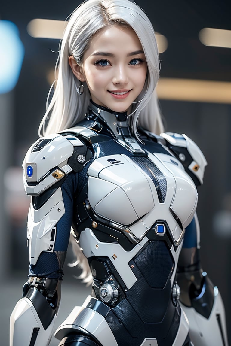 Best picture quality, high resolution, 8k, realistic, sharp focus, realistic image of elegant lady, Korean beauty, supermodel, pure white hair, blue eyes, wearing high-tech cyberpunk style metallic mecha suit, radiant Glow, sparkling suit, mecha, perfectly customized high-tech suit, ice theme, custom design, 1 girl, smiling, swordup, looking at viewer, JeeSoo 
