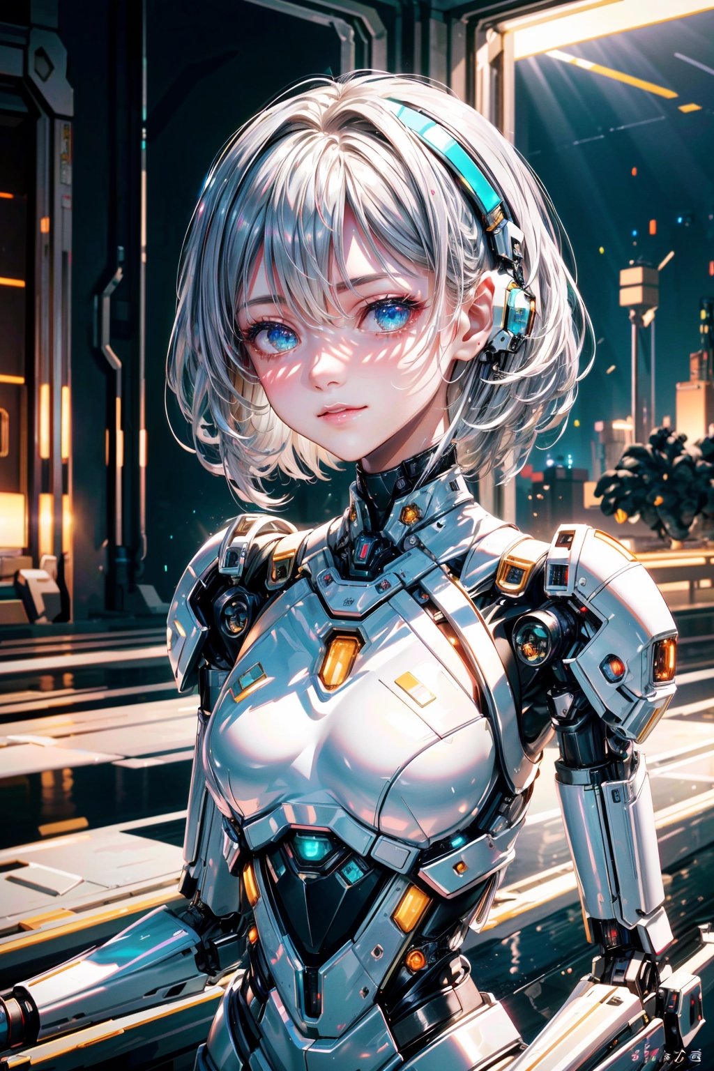 ((high resolution)), ((8K)), ((incredibly absurdres)), break. ((One android girl with happy smile)), break. ((sliver hair:1.5)), ((upper body:1.5)), ((looking at camera:1.2)), break. ((in the cyberstyle city)), ((slender boby)), ((intricate internal structure)), ((brighten parts:1.5)), break. ((extremely detailed mecha suit:1.2)), break. (robotic arms), (robotic legs), (robotic hands), ((robotic joint:1.2)), break. Cinematic angle, ultra fine quality, masterpiece, best quality, incredibly absurdres, fhighly detailed, sharp focus, (photon mapping, radiosity, physically-based rendering, automatic white balance), masterpiece, best quality, Mecha body, furure_urban, incredibly absurdres,masterpiece,best quality