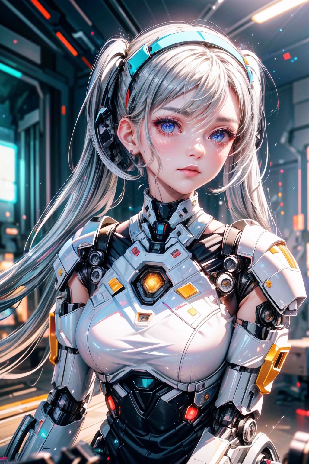 ((high resolution)), ((UHD)), ((incredibly absurdres)), break. ((One android girl)), break. ((sliver twintail hair:1.5)), ((upper body:1.5)), ((looking at camera:1.2)), break. ((in the cyberstyle city)), ((slender boby)), ((intricate internal structure)), ((brighten parts:1.5)), break. ((extremely detailed mecha suit:1.2)), break. (robotic arms), (robotic legs), (robotic hands), ((robotic joint:1.3)), break. Cinematic angle, ultra fine quality, masterpiece, best quality, incredibly absurdres, fhighly detailed, sharp focus, (photon mapping, radiosity, physically-based rendering, automatic white balance), masterpiece, best quality, Mecha body, furure_urban, incredibly absurdres