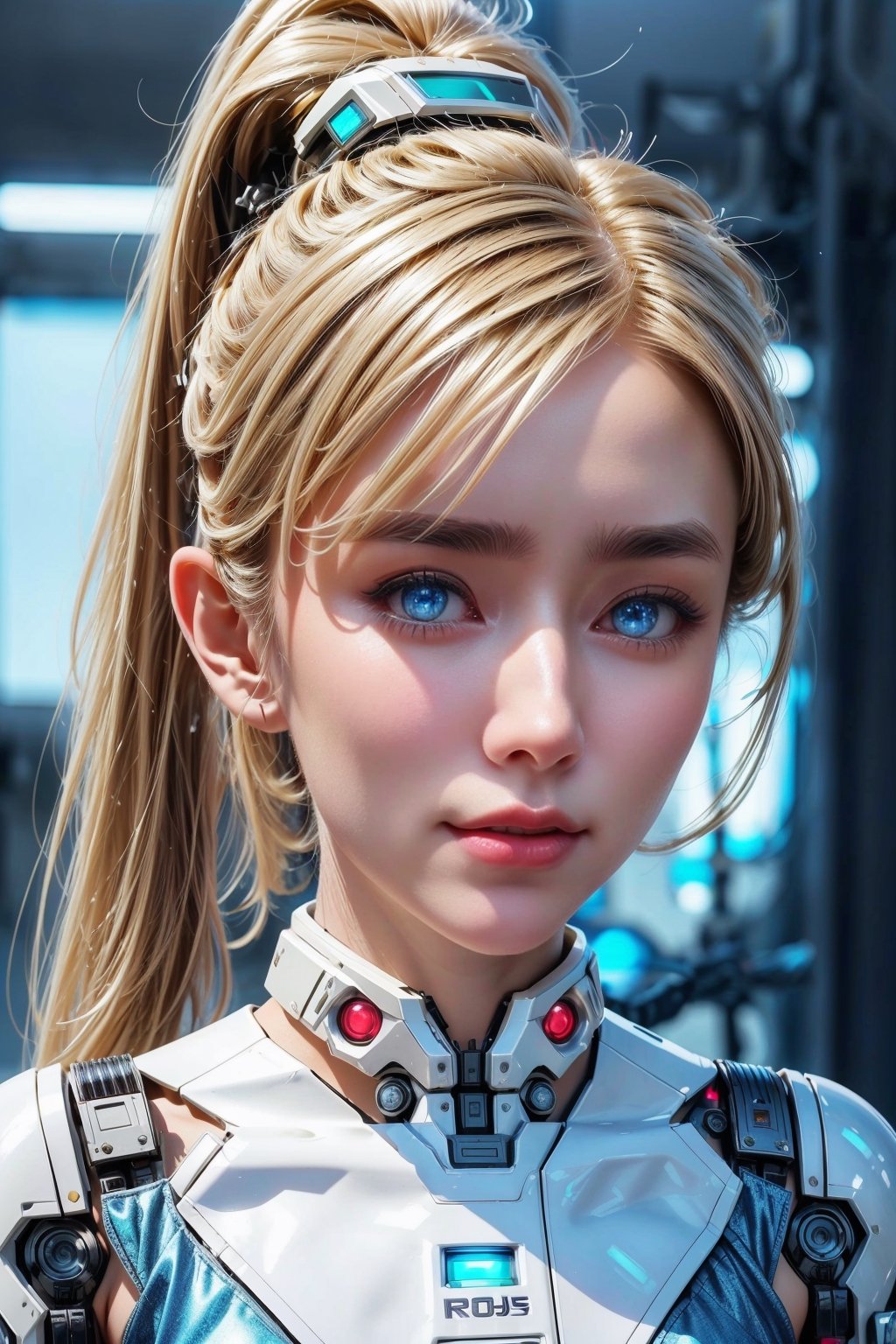 ((high resolution)), ((8K)), ((incredibly absurdres)), break. ((One android girl with archaic smile)), ((about 15 years old)), break. ((upper body:1.5)), ((blonde ponytail hair:1.3)), ((looking at camera:1.3)), break. ((in the cyberstyle city)), ((slender boby)), ((intricate internal structure)), ((brighten parts:1.3)), break. ((Her body is painted by chrome and light colors)), ((blue eyes:1.3)), break. ((robotic arms)), ((robotic legs)), ((robotic hands)), ((robotic joint:1.5)), break. Cinematic angle, ultra fine quality, masterpiece, best quality, incredibly absurdres, highly detailed, sharp focus, (photon mapping, radiosity, physically-based rendering, automatic white balance), masterpiece, best quality, Mecha body, furure_urban, incredibly absurdres, modelshoot style,Exquisite face