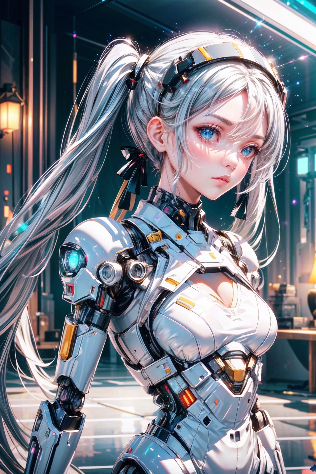 ((high resolution)), ((UHD)), ((incredibly absurdres)), break. ((One android girl)), break. ((sliver twintail hair:1.5)), ((upper body:1.5)), ((looking at camera:1.2)), break. ((in the cyberstyle city)), ((slender boby)), ((intricate internal structure)), ((brighten parts:1.5)), break. ((extremely detailed mecha suit:1.2)), break. (robotic arms), (robotic legs), (robotic hands), ((robotic joint:1.3)), break. Cinematic angle, ultra fine quality, masterpiece, best quality, incredibly absurdres, fhighly detailed, sharp focus, (photon mapping, radiosity, physically-based rendering, automatic white balance), masterpiece, best quality, Mecha body, furure_urban, incredibly absurdres