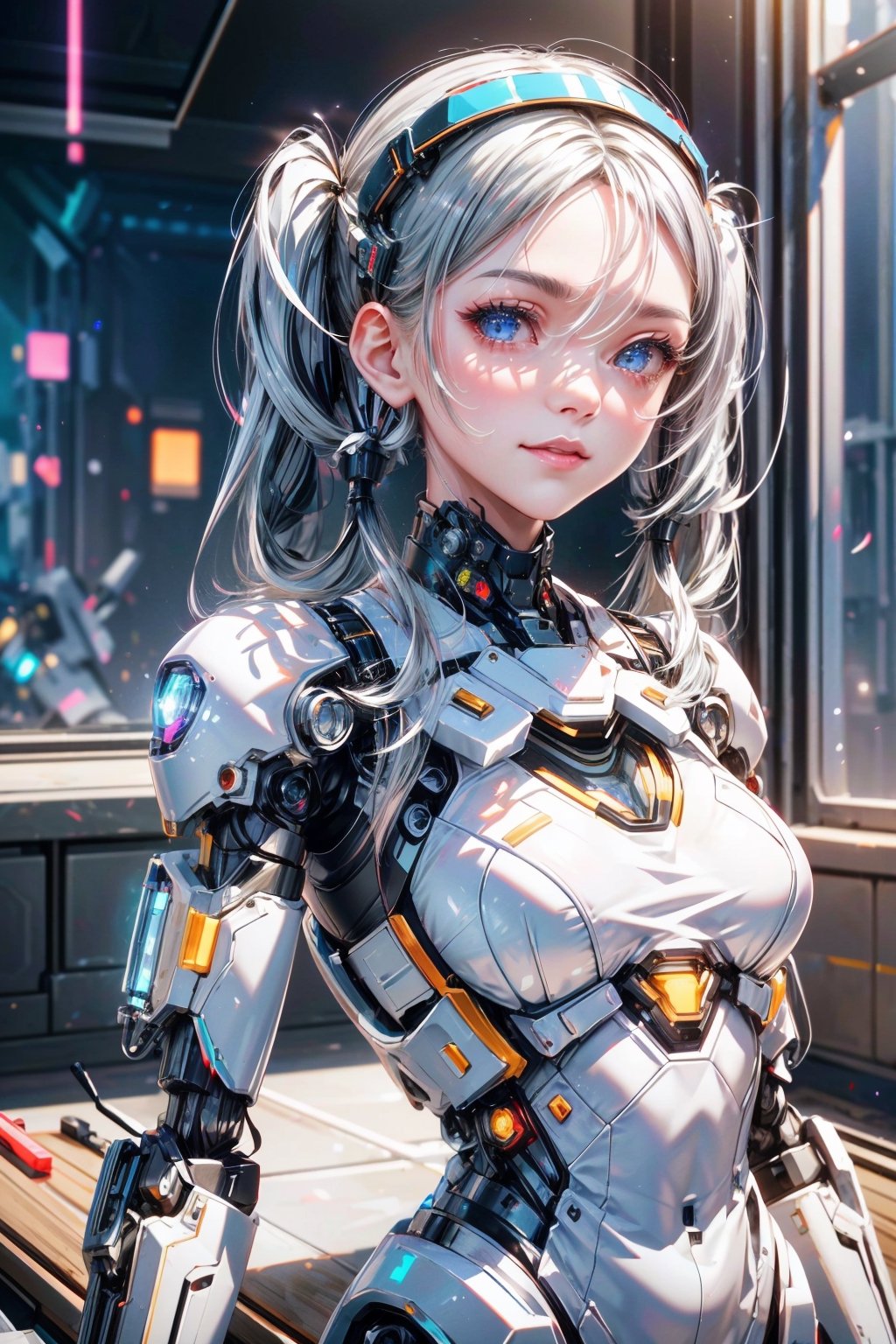 ((high resolution)), ((UHD)), ((incredibly absurdres)), break. ((One android girl with happy smile)), break. ((sliver twintail hair:1.5)), ((upper body:1.5)), ((looking at camera:1.3)), break. ((in the cyberstyle city)), ((slender boby)), ((intricate internal structure)), ((brighten parts:1.5)), break. ((extremely detailed mecha suit:1.2)), break. (robotic arms), (robotic legs), (robotic hands), ((robotic joint:1.3)), break. Cinematic angle, ultra fine quality, masterpiece, best quality, incredibly absurdres, fhighly detailed, sharp focus, (photon mapping, radiosity, physically-based rendering, automatic white balance), masterpiece, best quality, Mecha body, furure_urban, incredibly absurdres