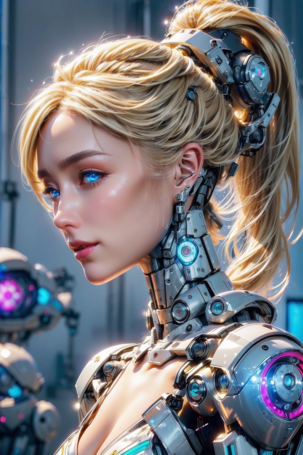 ((high resolution)), ((8K)), ((incredibly absurdres)), break. ((One android girl with archaic smile)), ((face close-up:1.5)), ((blonde ponytail hair:1.4)), break. ((in the cyberstyle city)), ((slender boby)), ((intricate internal structure)), ((brighten parts:1.3)), break. ((Her body is painted by chrome and light colors)), ((blue eyes:1.3)), break. ((robotic arms)), ((robotic legs)), ((robotic hands)), ((robotic joint:1.5)), break. Cinematic angle, ultra fine quality, masterpiece, best quality, incredibly absurdres, highly detailed, sharp focus, (photon mapping, radiosity, physically-based rendering, automatic white balance), masterpiece, best quality, Mecha body, furure_urban, incredibly absurdres, modelshoot style,Exquisite face