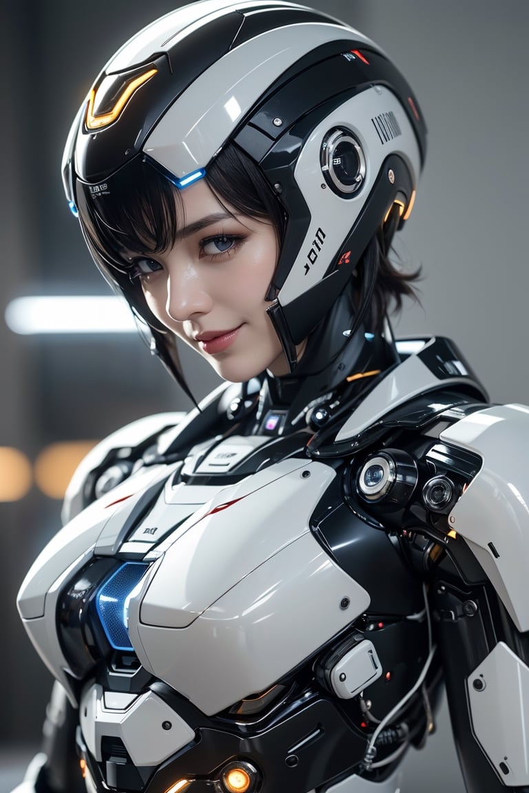 RAW picture, Best picture quality, high resolution, 8k, realistic, sharp focus, realistic image of elegant lady, Korean beauty, supermodel, break. sliver short hair, wearing high-tech cyberpunk style mecha suit, wearing head gear, radiant Glow, sparkling suit, mecha, perfectly customized high-tech mecha suit, custom design, break. 1 girl, swordup, looking at viewer, smiling, close-up, break. (LED lighting parts on her body:1.2), (robotic arms), (robotic legs), (robotic hands), ((robotic joint)),robot