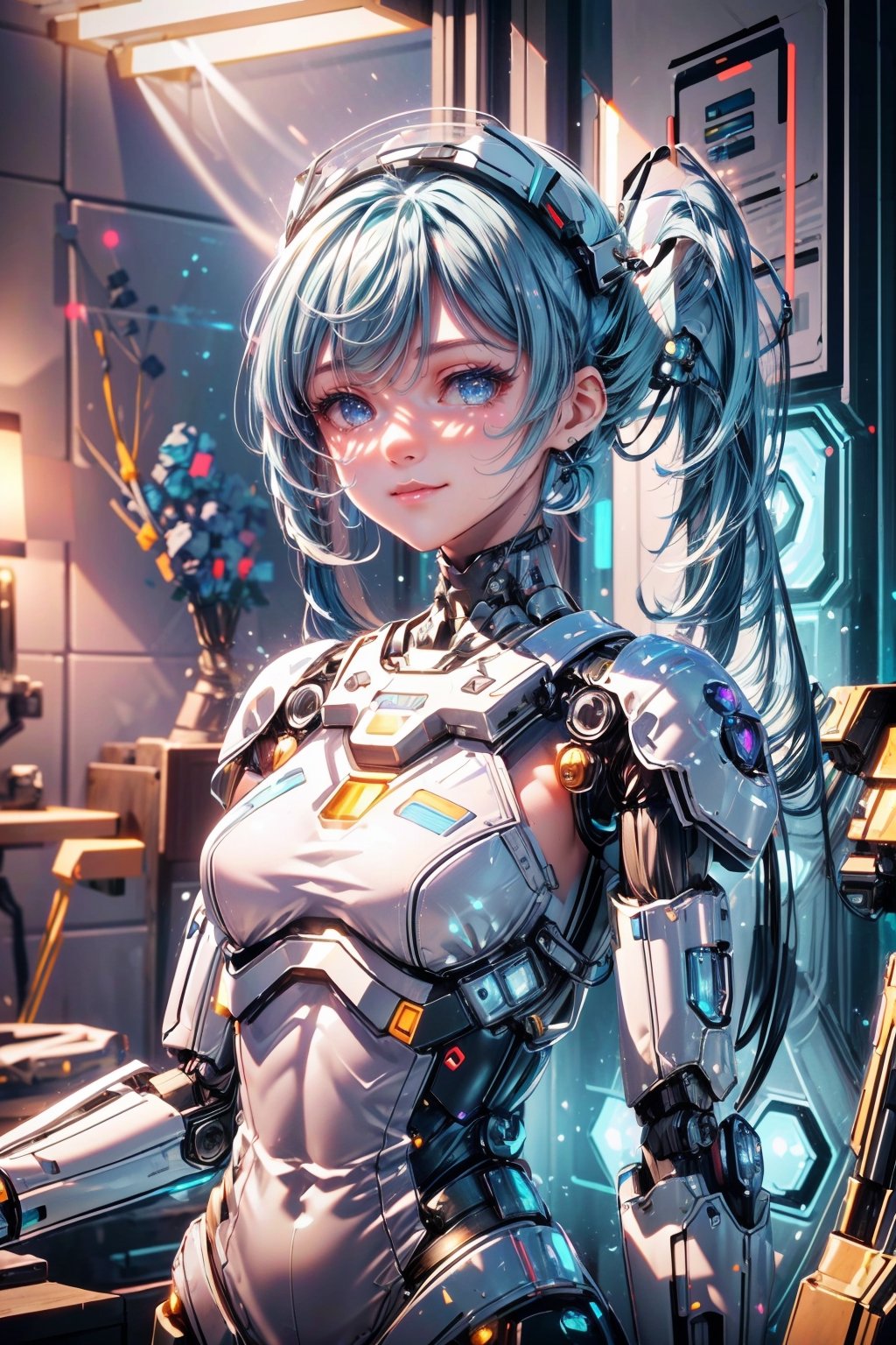 ((high resolution)), ((UHD)), ((incredibly absurdres)), break. ((One android girl with happy smile)), break. ((blue twintail hair:1.5)), ((upper body:1.5)), ((looking at camera:1.3)), break. ((in the cyberstyle city)), ((slender boby)), ((intricate internal structure)), ((brighten line on the mecha suit:1.5)), break. ((extremely detailed mecha suit:1.2)), break. (robotic arms), (robotic legs), (robotic hands), ((robotic joint:1.2)), break. Cinematic angle, ultra fine quality, masterpiece, best quality, incredibly absurdres, fhighly detailed, sharp focus, (photon mapping, radiosity, physically-based rendering, automatic white balance), masterpiece, best quality, Mecha body, furure_urban, incredibly absurdres