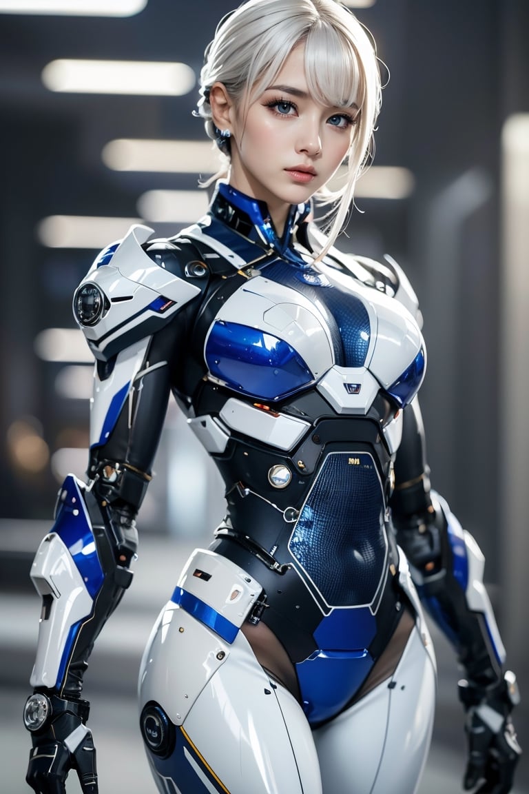 Best picture quality, high resolution, 8k, realistic, sharp focus, realistic image of elegant lady, Korean beauty, supermodel, pure white hair, blue eyes, wearing high-tech cyberpunk style blue mecha suit, radiant Glow, sparkling suit, mecha, perfectly customized high-tech suit, ice theme, custom design, 1 girl,swordup, looking at viewer,JeeSoo 