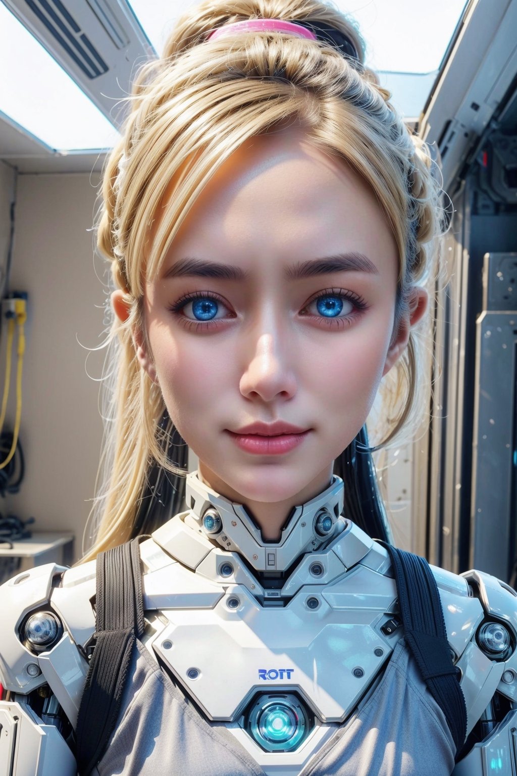 ((high resolution)), ((8K)), ((incredibly absurdres)), break. ((One android girl with archaic smile)), ((about 15 years old)), break. ((upper body:1.5)), ((blonde ponytail hair:1.3)), ((looking at camera:1.3)), break. ((in the cyberstyle city)), ((slender boby)), ((intricate internal structure)), ((brighten parts:1.3)), break. ((Her body is painted by chrome and light colors)), ((blue eyes:1.3)), break. ((robotic arms)), ((robotic legs)), ((robotic hands)), ((robotic joint:1.5)), break. Cinematic angle, ultra fine quality, masterpiece, best quality, incredibly absurdres, highly detailed, sharp focus, (photon mapping, radiosity, physically-based rendering, automatic white balance), masterpiece, best quality, Mecha body, furure_urban, incredibly absurdres, modelshoot style,Exquisite face