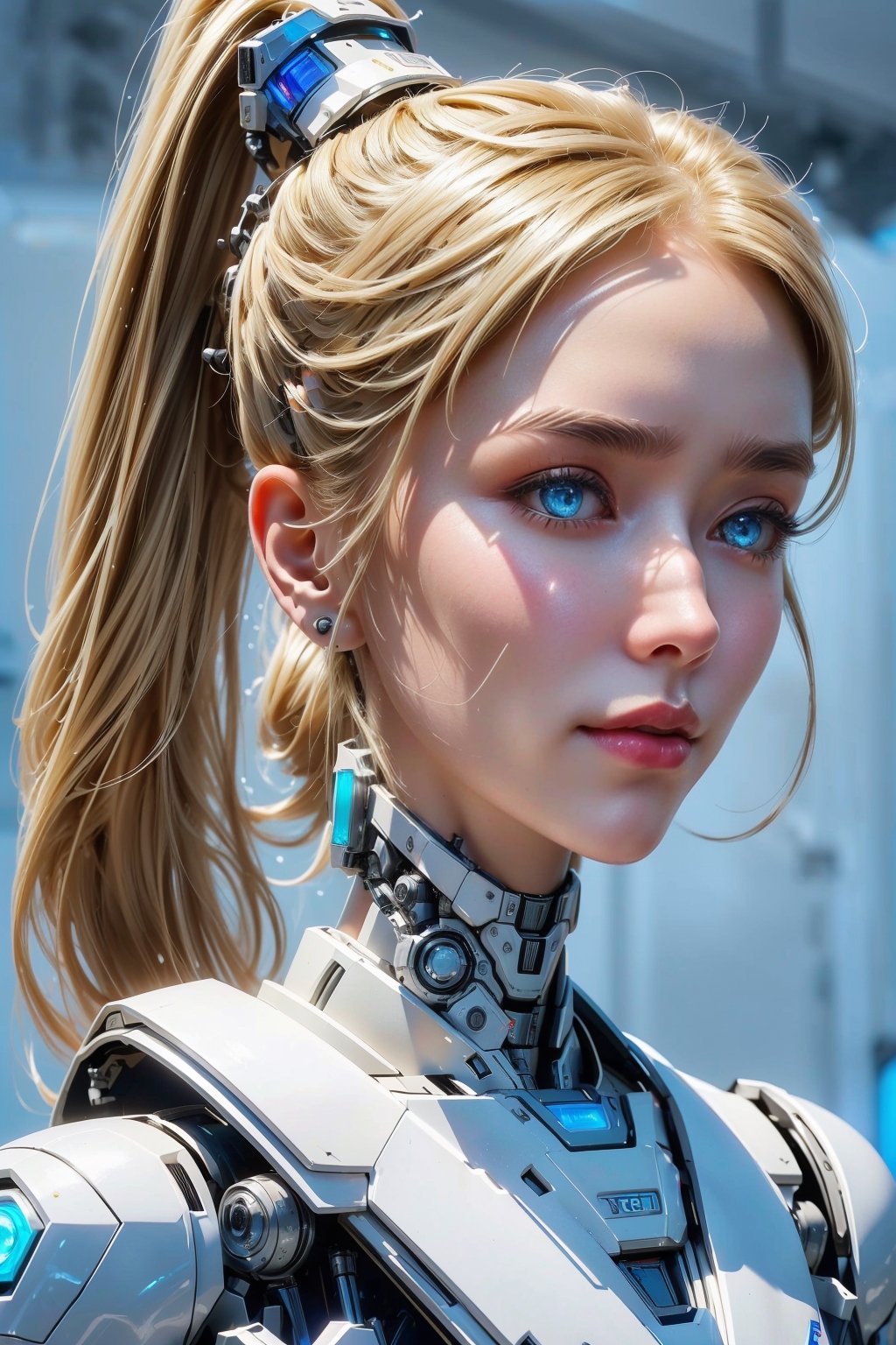 ((high resolution)), ((8K)), ((incredibly absurdres)), break. ((One android girl with archaic smile)), ((about 18 years old)), ((face close-up:1.5)), ((blonde ponytail hair:1.4)), break. ((in the cyberstyle city)), ((slender boby)), ((intricate internal structure)), ((brighten parts:1.3)), break. ((Her body is painted by chrome and light colors)), ((blue eyes:1.3)), break. ((robotic arms)), ((robotic legs)), ((robotic hands)), ((robotic joint:1.5)), break. Cinematic angle, ultra fine quality, masterpiece, best quality, incredibly absurdres, highly detailed, sharp focus, (photon mapping, radiosity, physically-based rendering, automatic white balance), masterpiece, best quality, Mecha body, furure_urban, incredibly absurdres, modelshoot style,Exquisite face