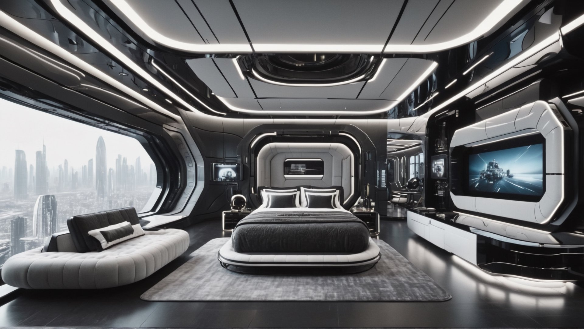 Masterpiece, ultra high definition, ultra high quality, 8k, exquisite details,
Space station, oversized floor-to-ceiling windows, future technology, intricate light, futuristic luxury furniture, cyberpunk, black and white gray tones, outer space background, planet, galaxy,