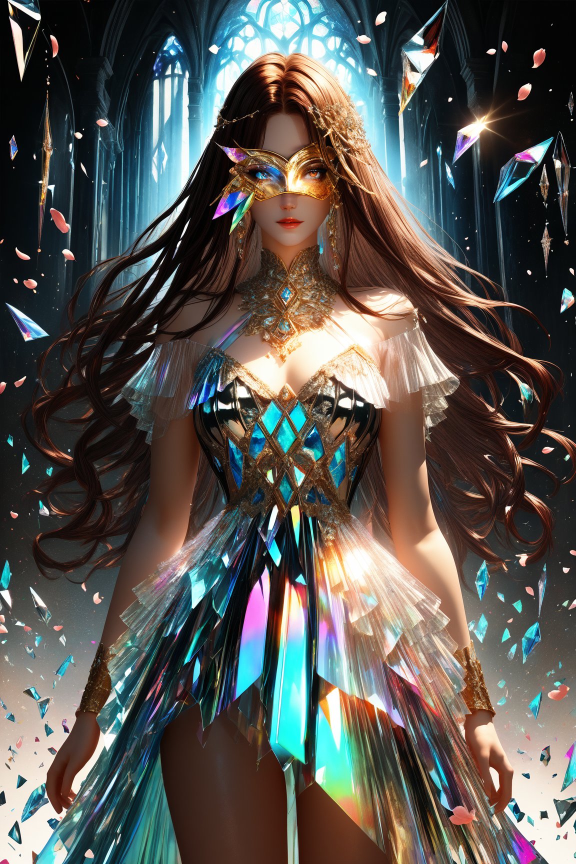 1girl, dark brown long hair, (strait hair), (golden eyes), gray red fantasy-inspired mirrored glass shards cute clothes, eye-covering mask, crystal, petals falling, Broken Glass effect, no background, stunning, something that even doesn't exist, mythical being, energy, textures, iridescent and luminescent shards, divine presence, cowboy shot, Volumetric light, auras, rays, vivid colors reflects, Broken Glass effect, eyes shoot, oil paint, male focus, 3d render, digital art, realistic