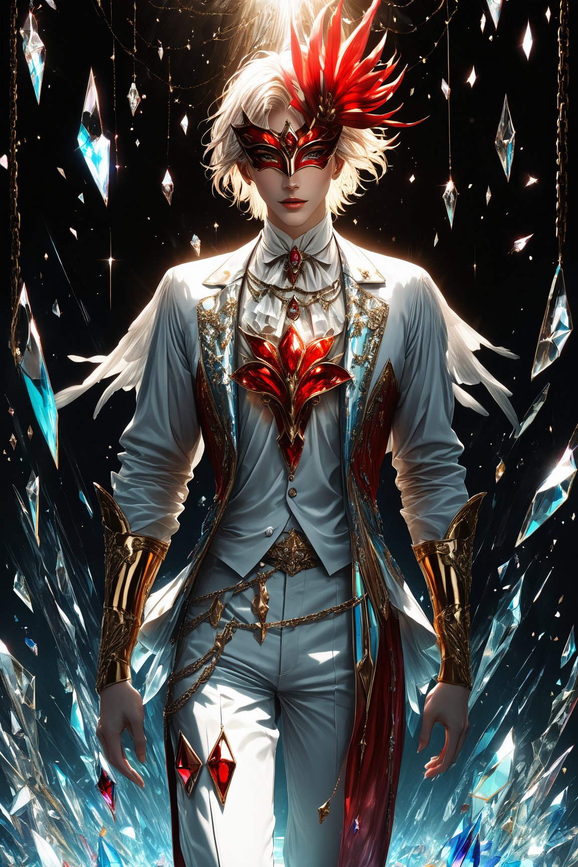1boy, (fantasy masquerade mask), white short hair, (strait hair), (golden eyes), crimson red fantasy-inspired broken glass shards suit, eye-covering masculine mask, crystal, chains, ((Broken Glass effect)), no background, clean shave, stunning, something that even doesn't exist, mythical being, energy, textures, iridescent and luminescent shards, divine presence, cowboy shot, Volumetric light, auras, rays, vivid colors reflects, Broken Glass effect, eyes shoot, oil paint, male focus, 3d render, digital art, realistic