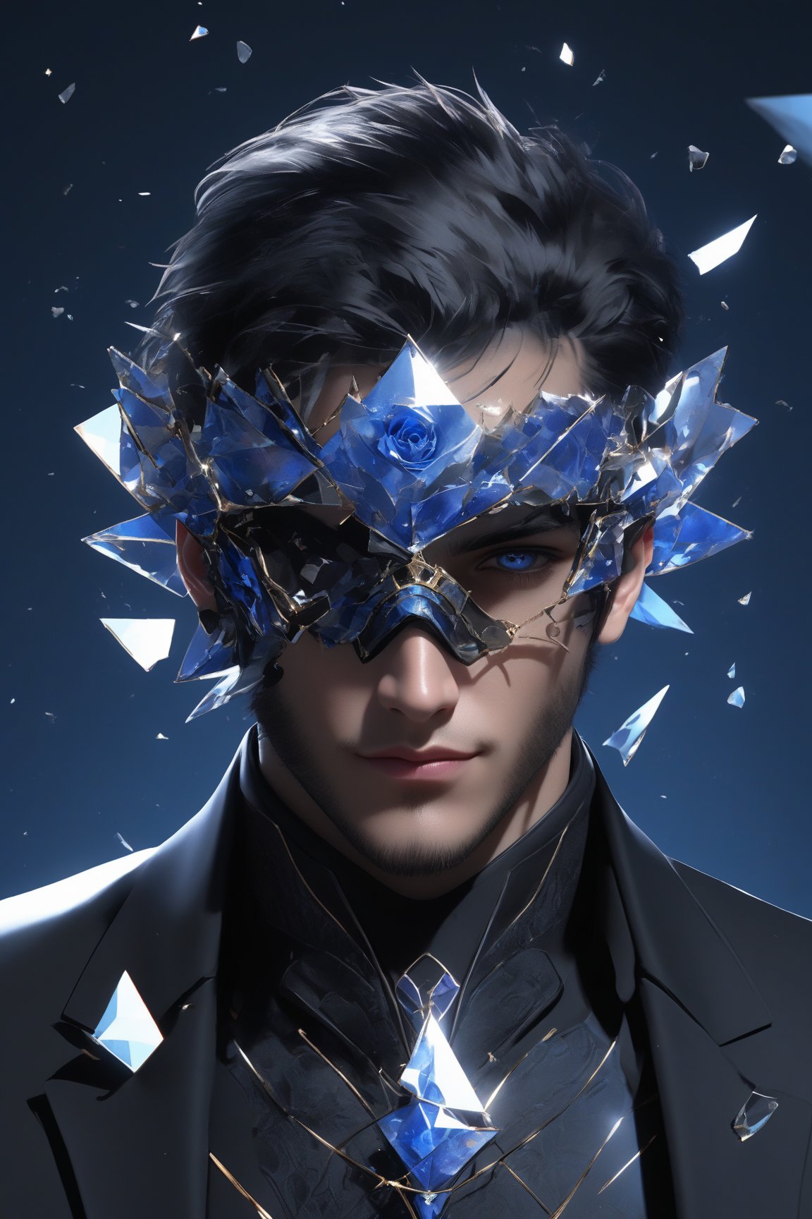 sole_male, (clear crystal visor mask), broken glass formal suit, SalomanElfric, white skin, (blue eyes), short black hair swiped back, [goatee], [sideburns] , masterpiece, digital art, award winner, serene, bright colors, octane, 3d render, realistic, shards,Gold Edged Black Rose,