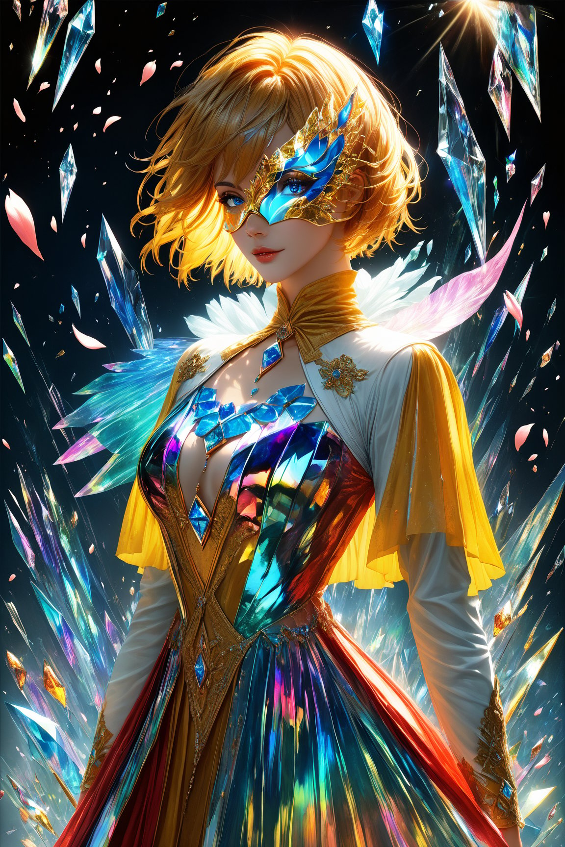1girl, golden yellow short hair, (strait hair), (blue eyes), ranbow red fantasy-inspired mirrored glass shards expensive clothes, long cut neckline, eye-covering mask, crystal, petals falling, Broken Glass effect, no background, stunning, something that even doesn't exist, mythical being, energy, textures, iridescent and luminescent shards, divine presence, cowboy shot, Volumetric light, auras, rays, vivid colors reflects, Broken Glass effect, eyes shoot, oil paint, male focus, 3d render, digital art, realistic