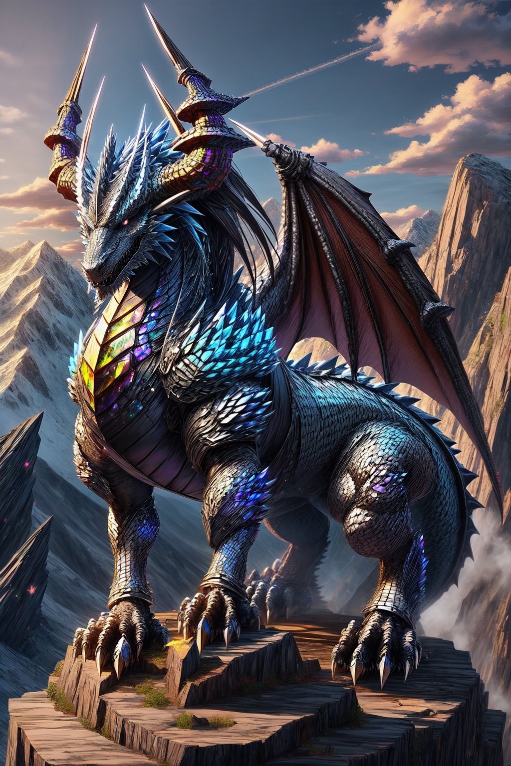 Silver dragon with obisidian black horns on the mountain, (silver white scales), (black horns), Look from a distance, More Detail, fierce huge white wings, proud, bismuth4rmor, Dragon,bismuth4rmor