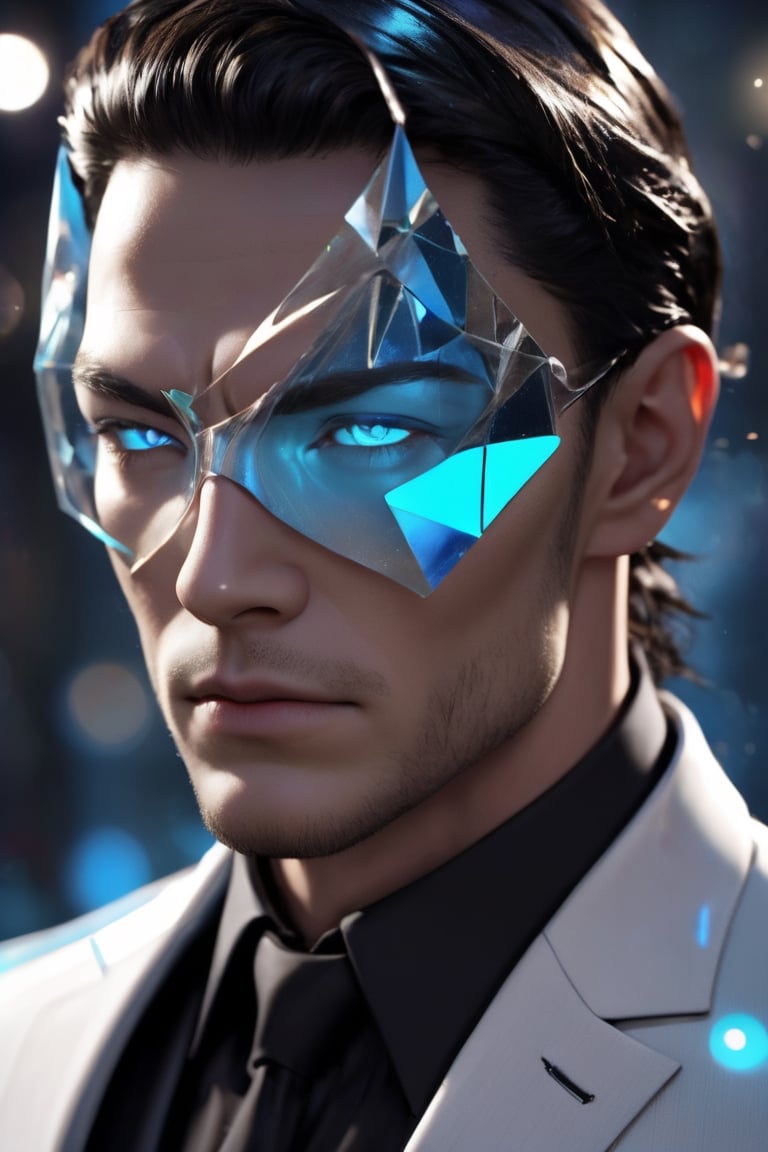 1man calcasian, masculine, mesomorph body type, swiped medium hair, (lenny:1.2), using a abstract half-mask covering the eyes made of transparent glass, one piece formal wear made of shards of glass, realistic, (bokeh), detailed, illuminated, 3d render, unreal engine, HD, 4k