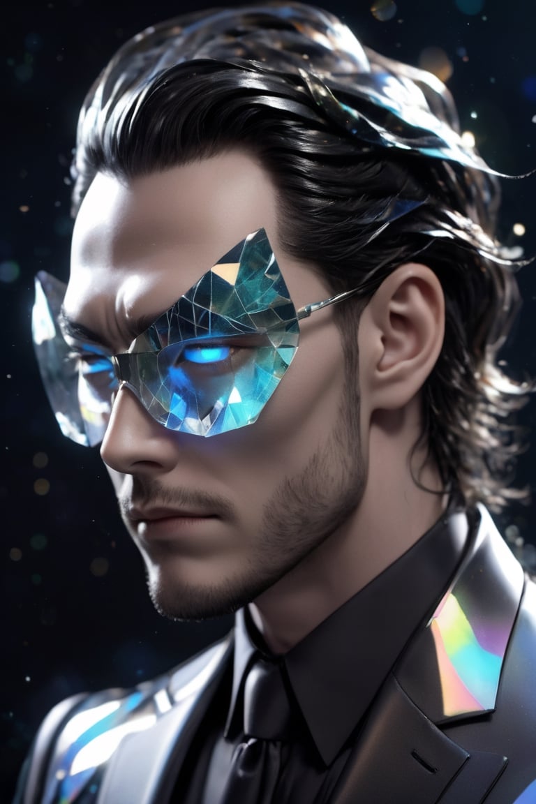 1man calcasian, masculine, mesomorph body type, swiped medium hair, (lenny:1.2), using a abstract half-mask covering the eyes made of transparent glass, one piece formal wear made of shards of glass, realistic, (bokeh), detailed, illuminated, 3d render, unreal engine, HD, 4k