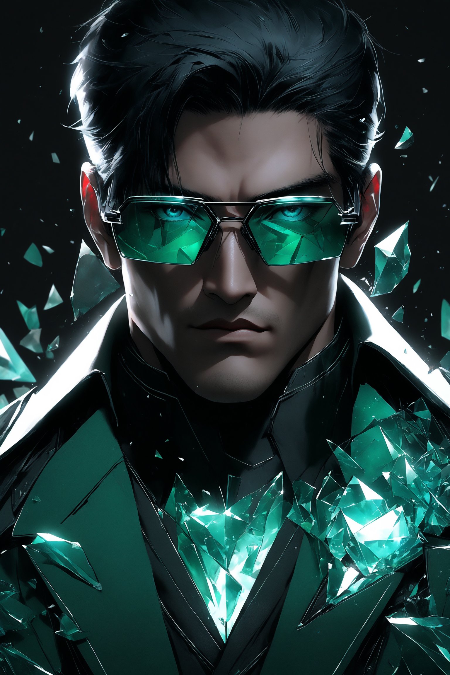 sole_male, German, medium black hair with layers, (square jawline:0.8), handsome, muscular,  (crystal sci-fi glasses), broken glass formal green suit, white skin, (cyan eyes), short black styled hair, clean face, serene expression, boss demeanor, magnate, masterpiece, digital art, award winner, serene, bright colors, octane, 3d render, realistic, shards