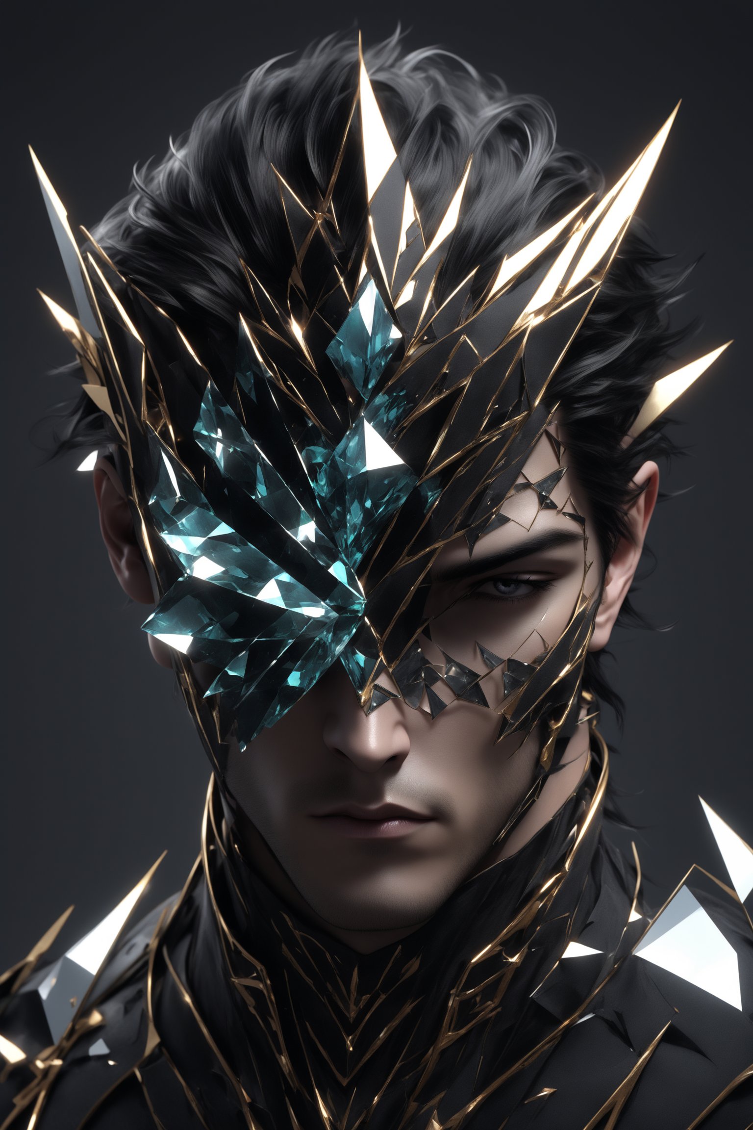 sole_male, (crystal mask), broken glass bodysuit, Lenny, white skin, (gray eyes), diamond eyeshadow, black hair, masterpiece, digital art, award winner, serene, bright colors, octane, 3d render, realistic, shards,Gold Edged Black Rose,