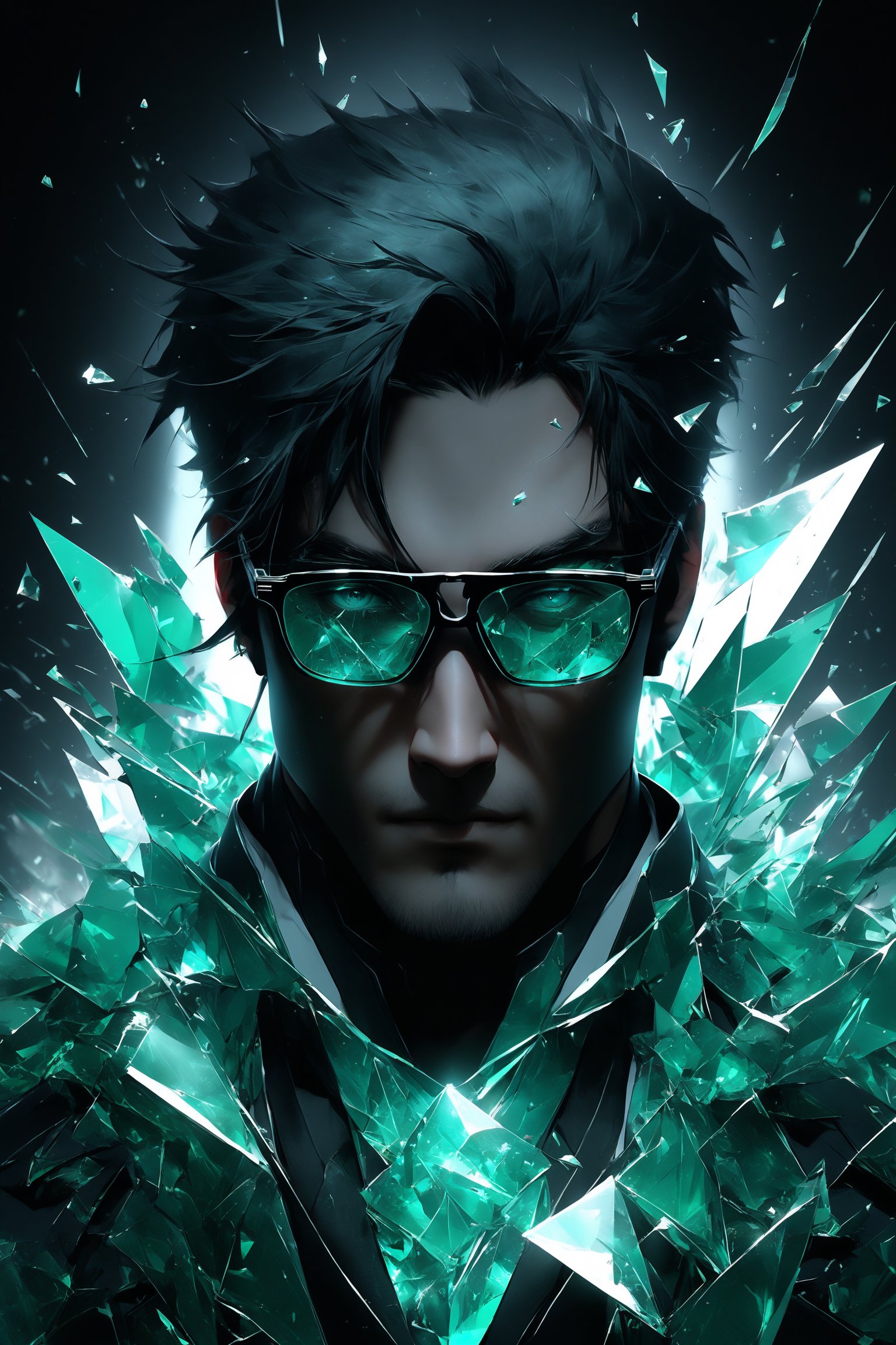 sole_male, German, medium black hair with layers, (square jawline:0.8), handsome, muscular,  (crystal sci-fi glasses), broken glass formal green suit, white skin, (cyan eyes), short black styled hair, clean face, serene expression, boss demeanor, magnate, masterpiece, digital art, award winner, serene, bright colors, octane, 3d render, realistic, shards