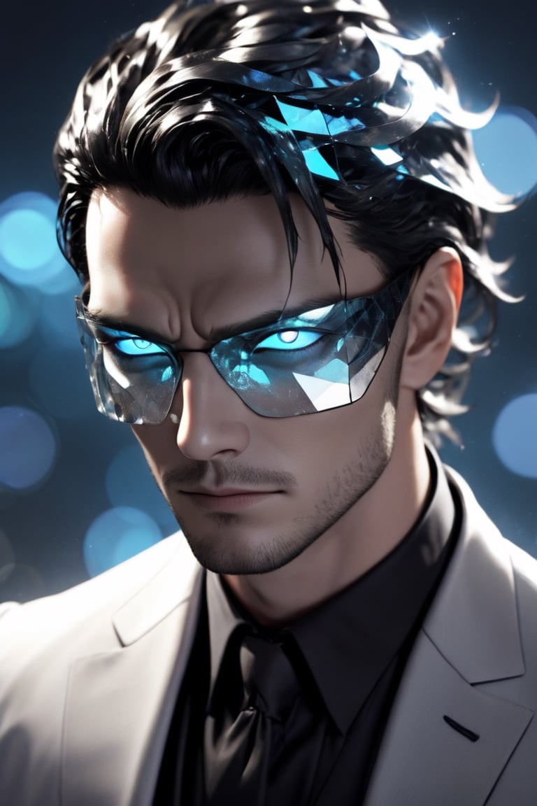 1man calcasian, masculine, mesomorph body type, swiped medium hair, (lenny:1.2), using a abstract half-mask covering the eyes made of transparent glass, one piece formal wear made of shards of glass, realistic, (bokeh), detailed, illuminated, 3d render, unreal engine, HD, 4k